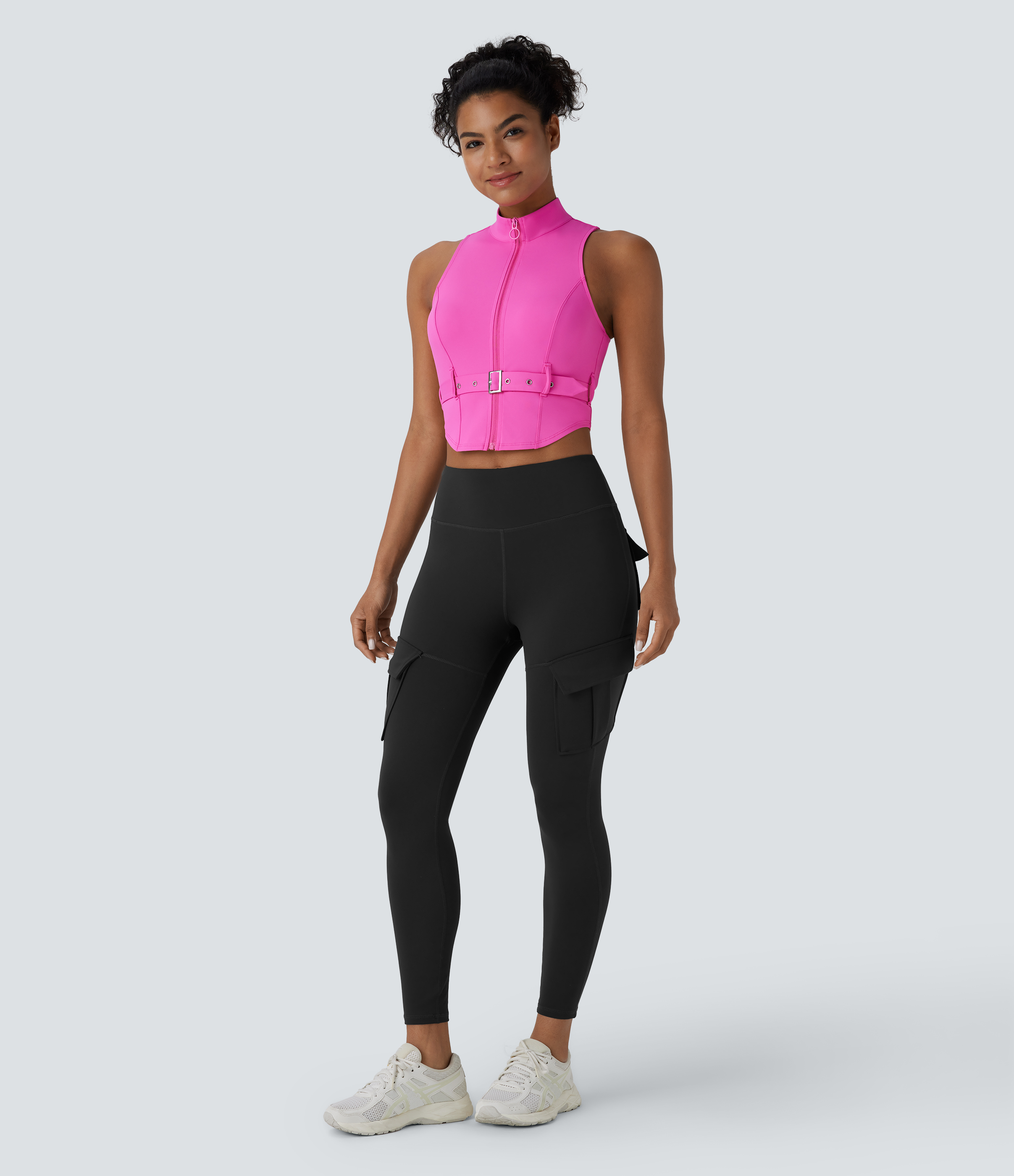 Halara Softlyzeroв„ў QuickDry Stand Collar Zipper Belted Curved Hem Slim Pickleball Sports Top  - Gorgeous Powder Pink - XL 