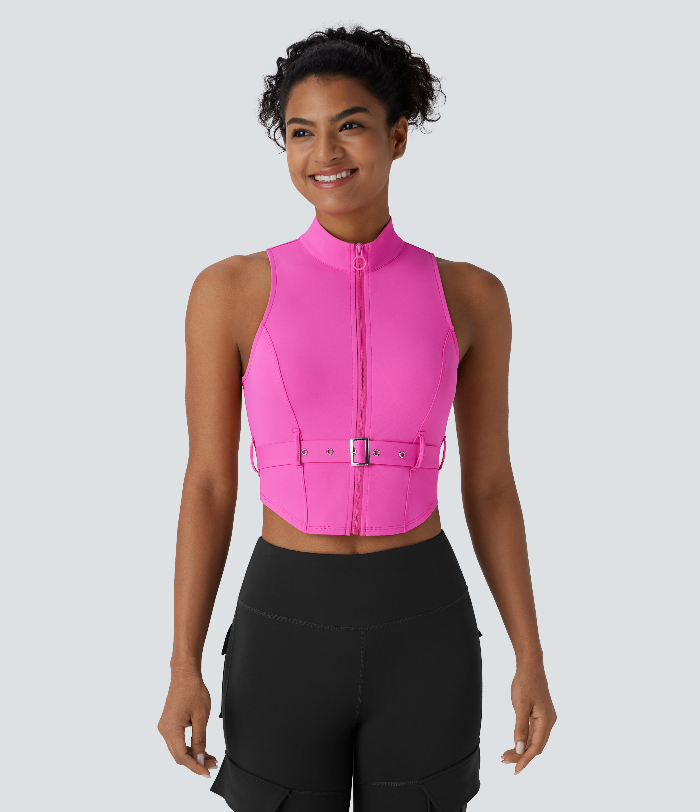 Halara Softlyzeroв„ў QuickDry Stand Collar Zipper Belted Curved Hem Slim Pickleball Sports Top  - Gorgeous Powder Pink - XL 