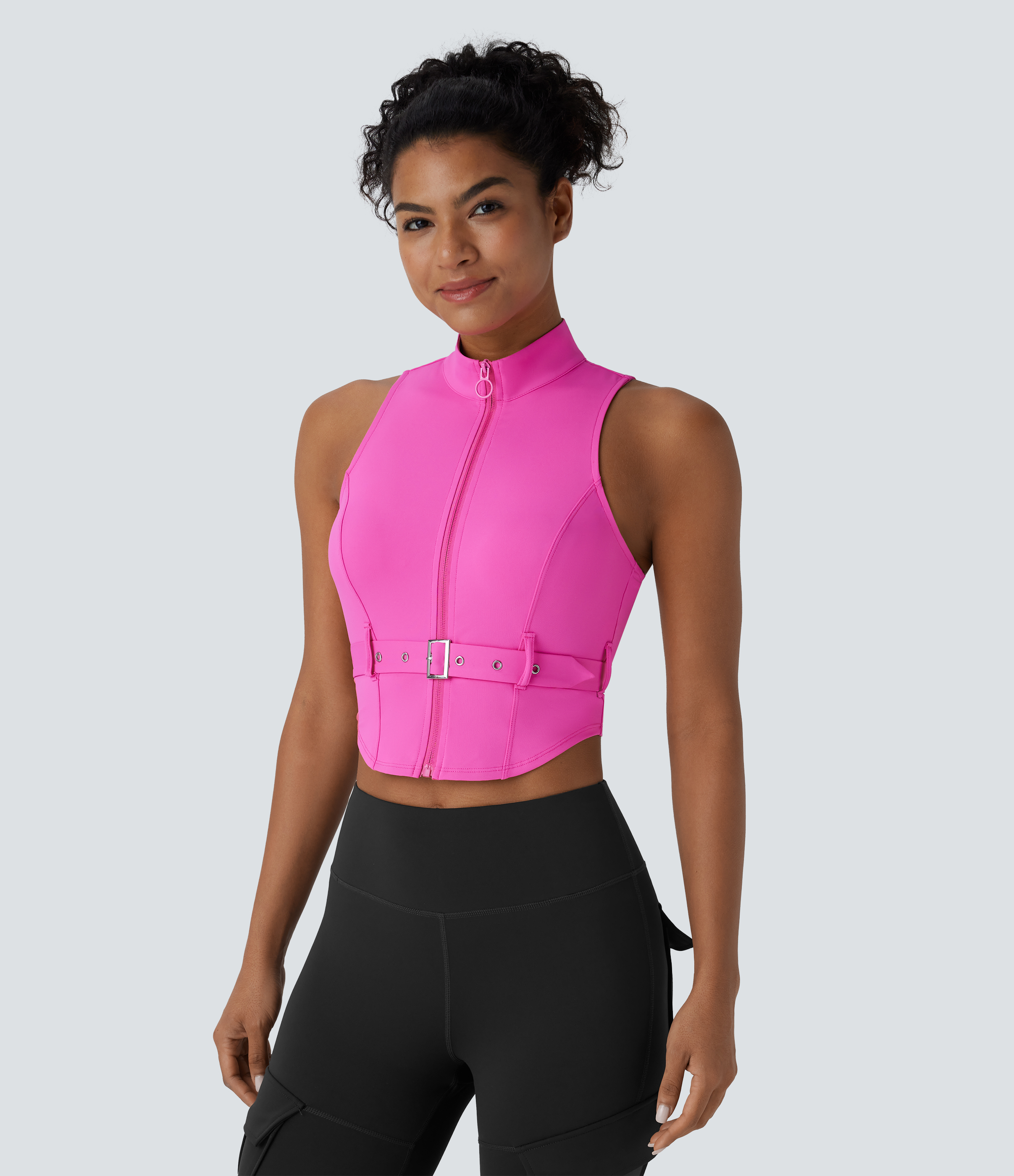 Halara Softlyzeroв„ў QuickDry Stand Collar Zipper Belted Curved Hem Slim Pickleball Sports Top  - Gorgeous Powder Pink - XL 