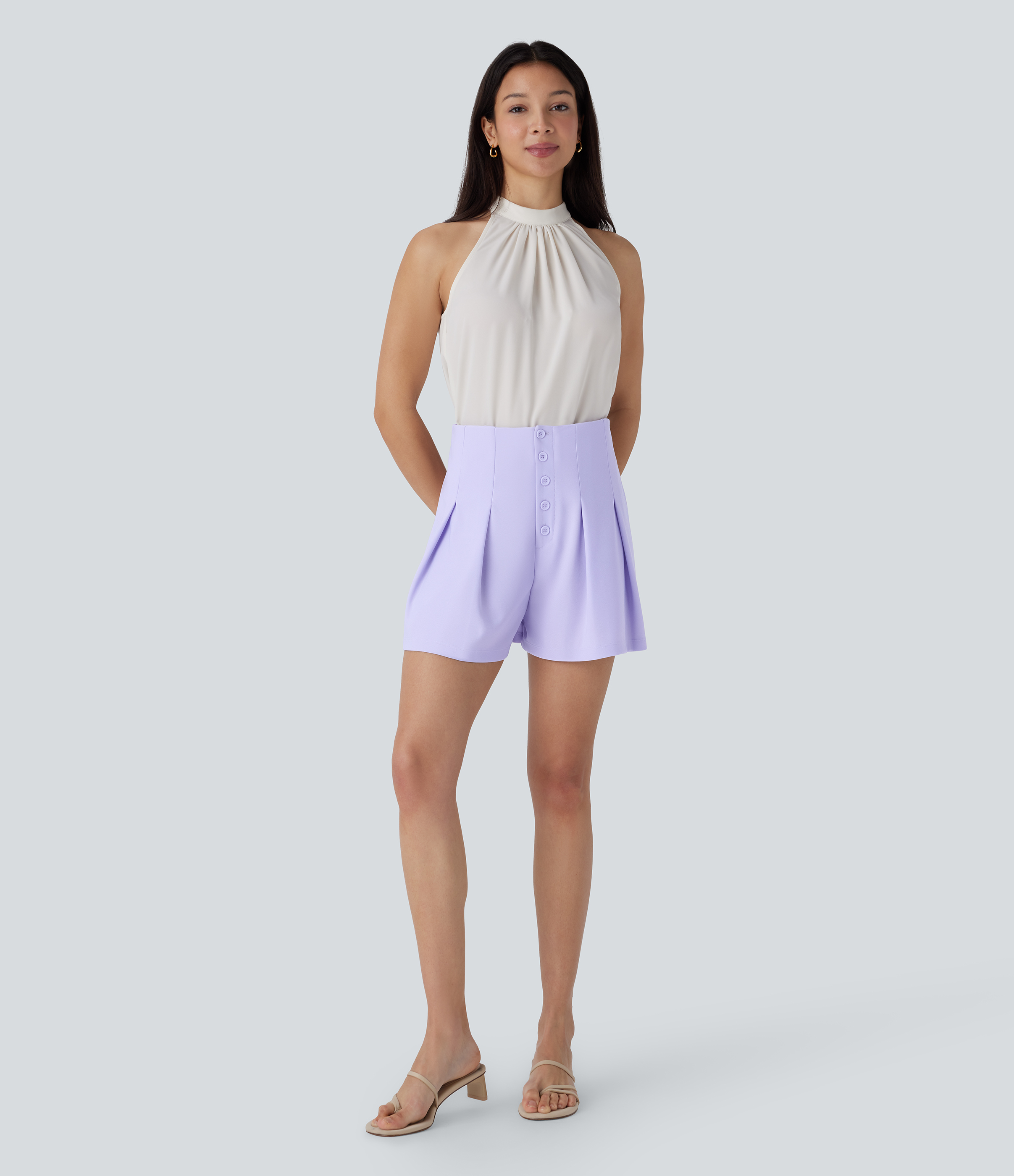 Halara High Waisted Button Side Pocket Work Shorts  - Lavender Aura - XL booty shorts compression shorts yoga shorts 