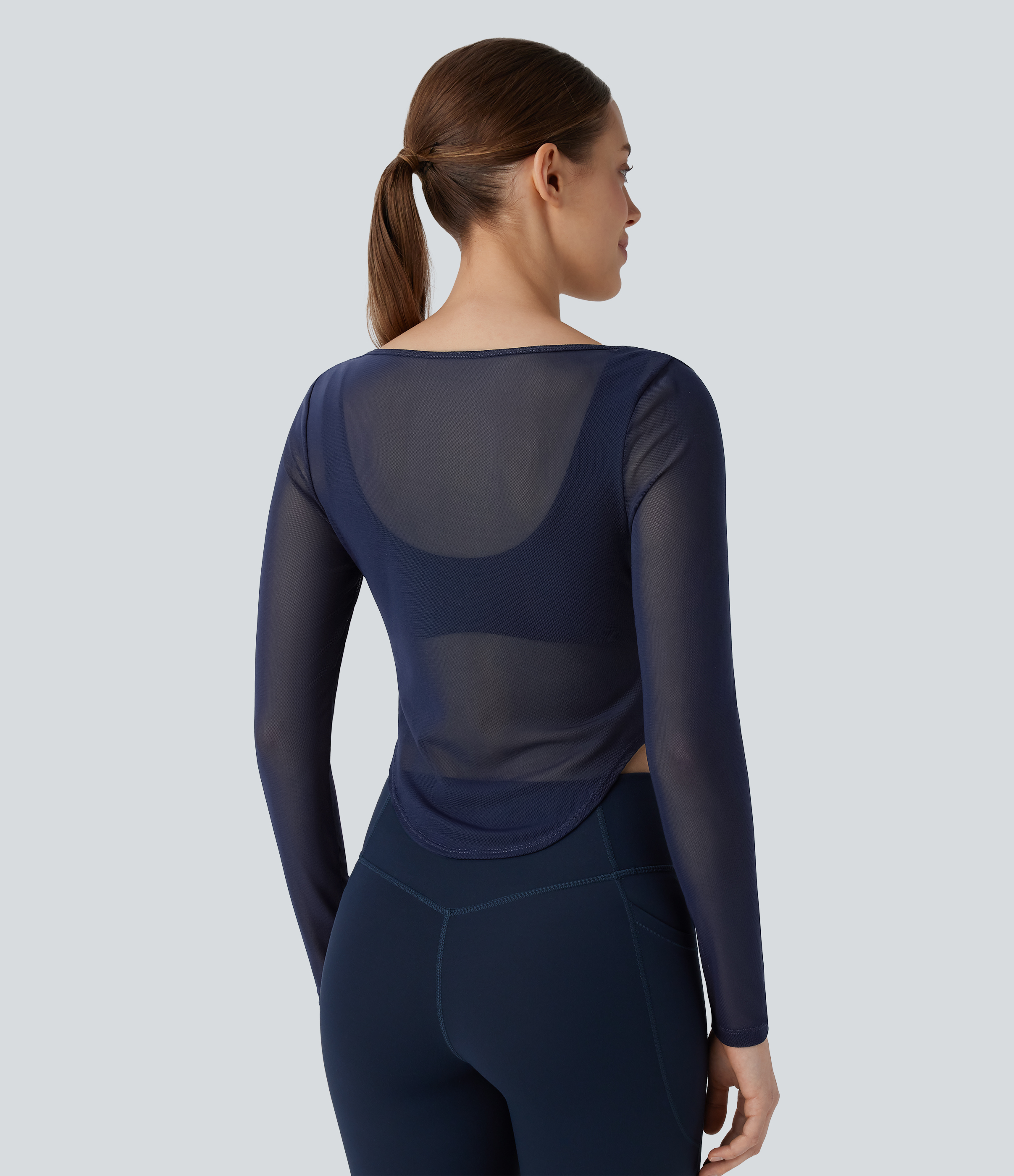Halara Sheer Mesh V Notch Long Sleeve Ruched Curved Hem Yoga Sports Top  - Blueberry - M 