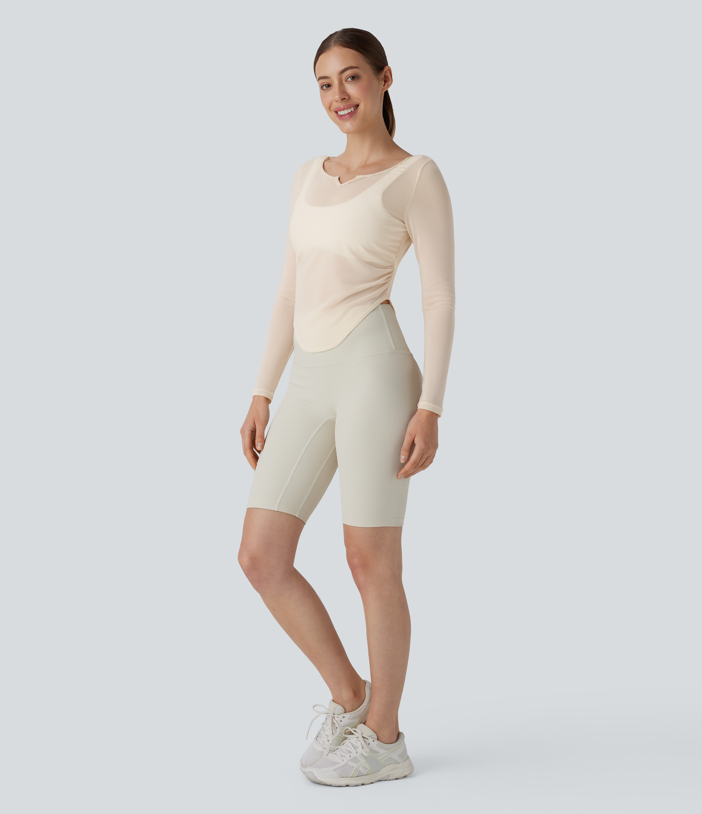 Halara Sheer Mesh V Notch Long Sleeve Ruched Curved Hem Yoga Sports Top  - Pearled Ivory - M 