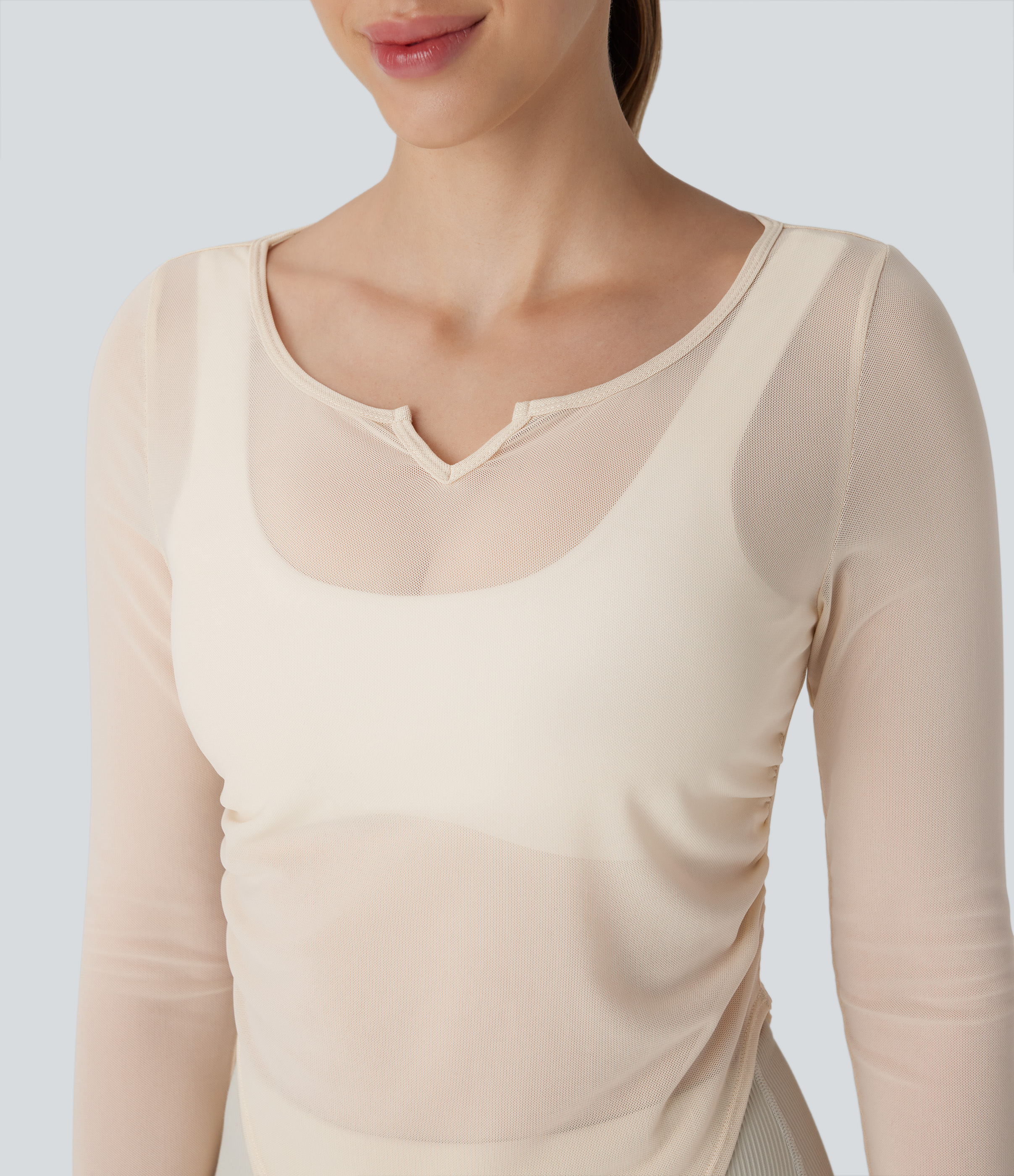 Halara Sheer Mesh V Notch Long Sleeve Ruched Curved Hem Yoga Sports Top  - Pearled Ivory - M 