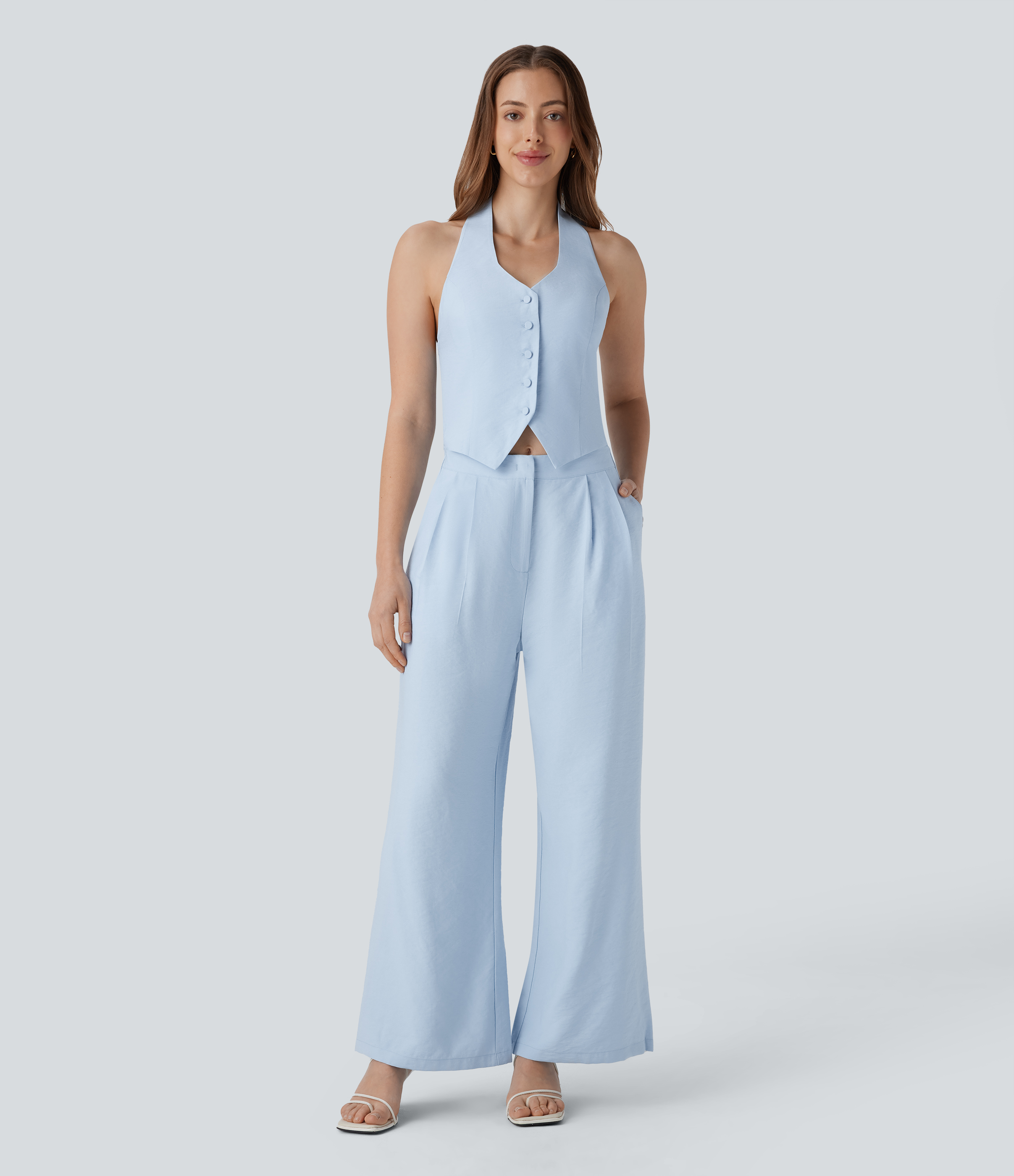 Sunday Best - Sky Blue Halter Shirred Wide Leg Work Jumpsuit with Pockets / 1