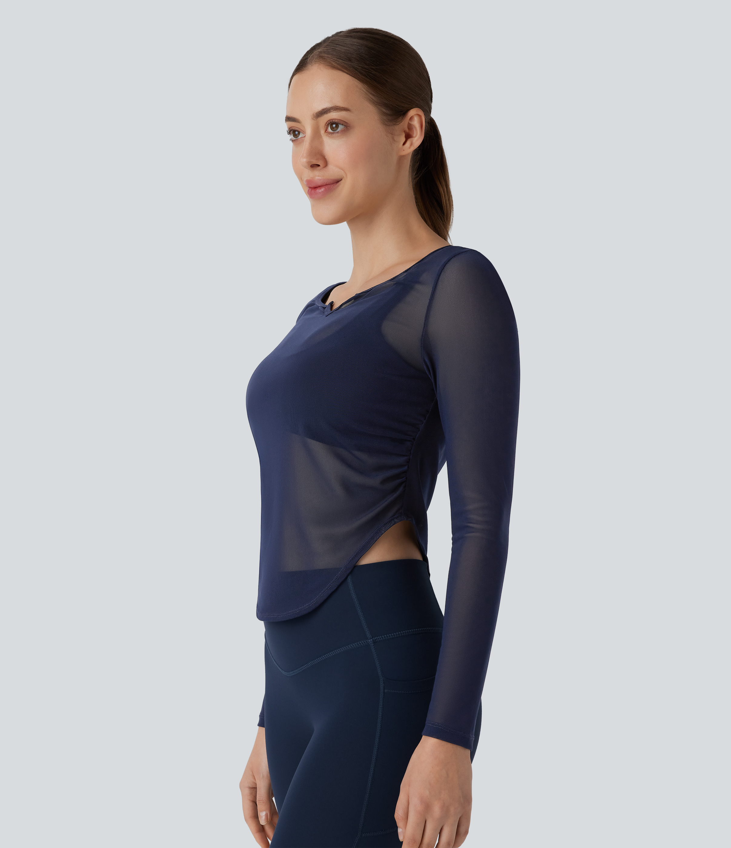 Halara Sheer Mesh V Notch Long Sleeve Ruched Curved Hem Yoga Sports Top  - Blueberry - M 
