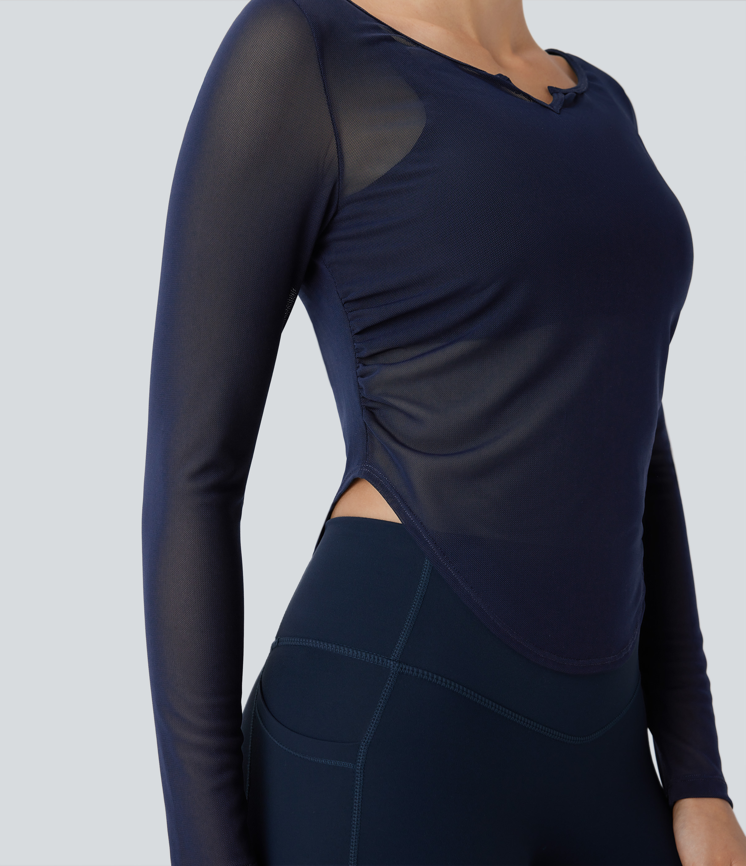 Halara Sheer Mesh V Notch Long Sleeve Ruched Curved Hem Yoga Sports Top  - Blueberry - M 
