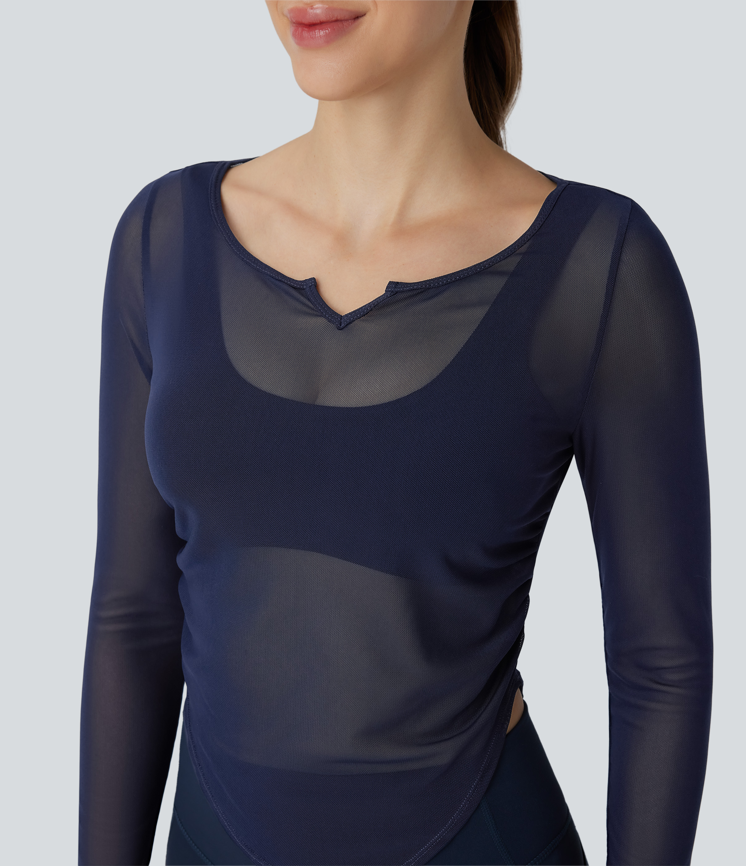 Halara Sheer Mesh V Notch Long Sleeve Ruched Curved Hem Yoga Sports Top  - Blueberry - M 