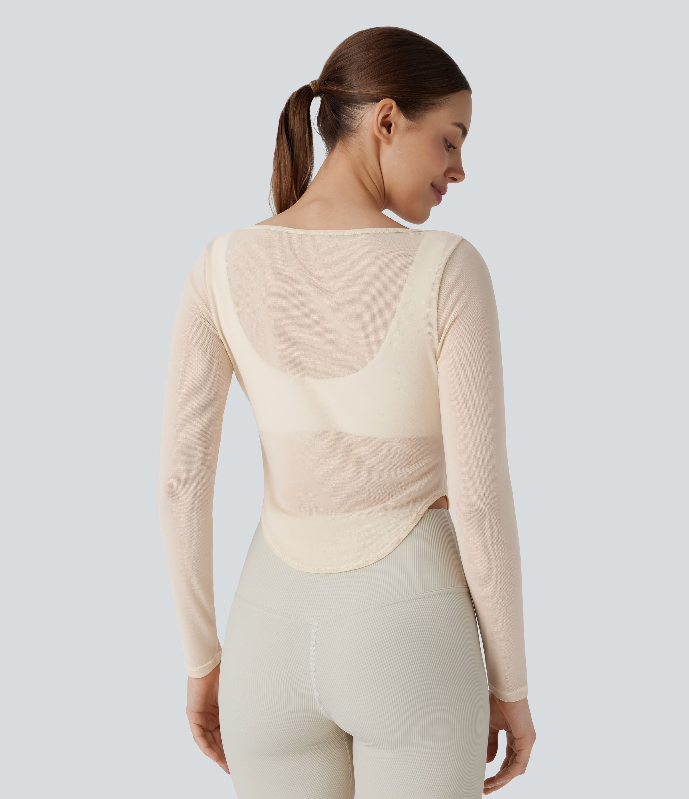 Halara Sheer Mesh V Notch Long Sleeve Ruched Curved Hem Yoga Sports Top  - Pearled Ivory - M 