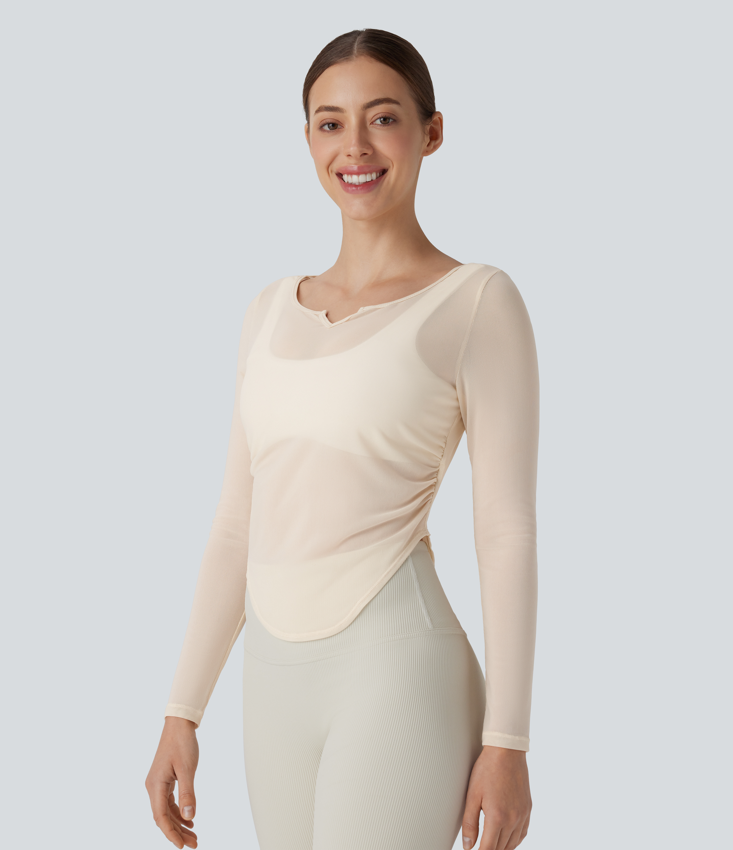 Halara Sheer Mesh V Notch Long Sleeve Ruched Curved Hem Yoga Sports Top  - Pearled Ivory - M 
