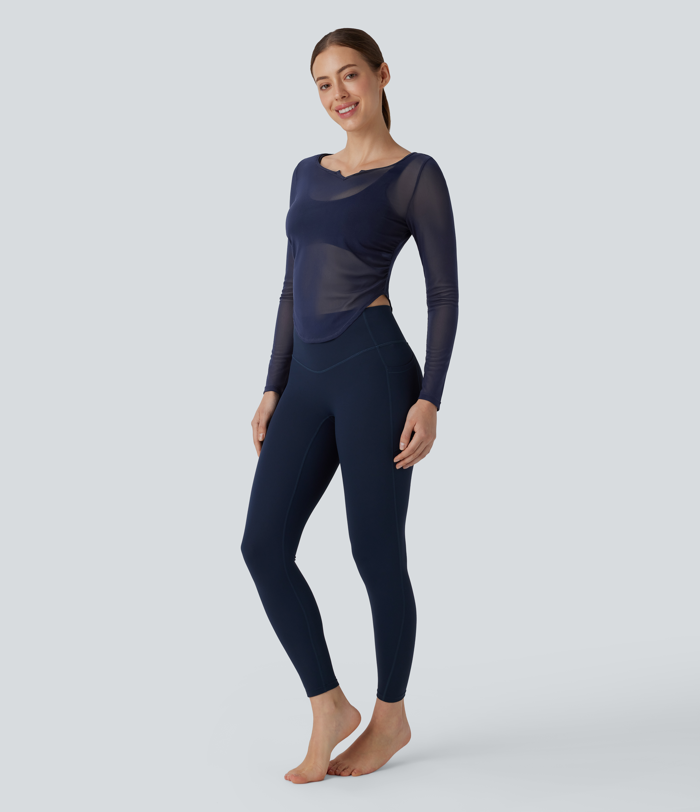 Halara Sheer Mesh V Notch Long Sleeve Ruched Curved Hem Yoga Sports Top  - Blueberry - M 