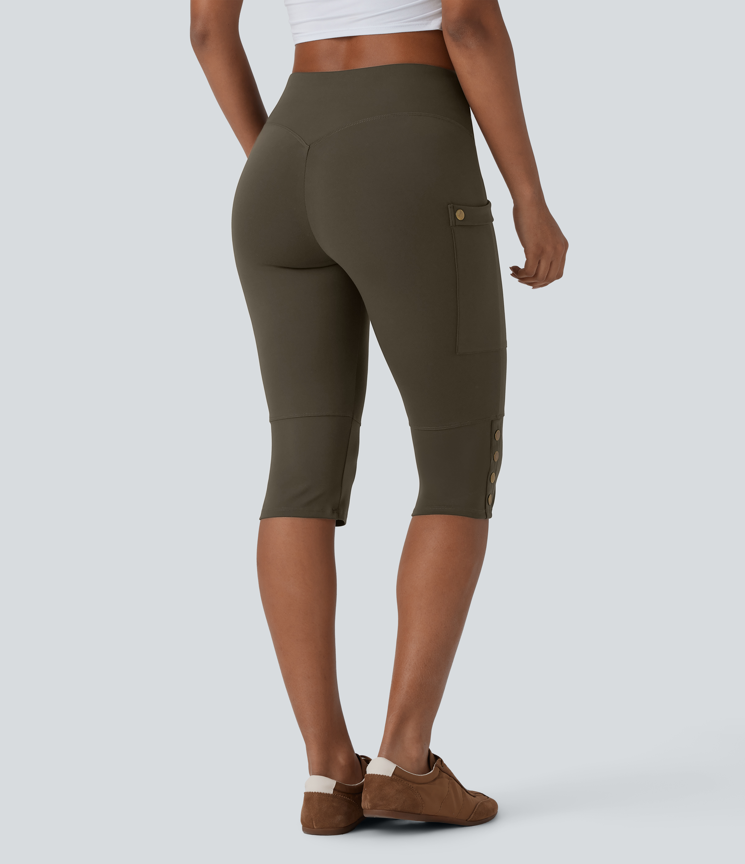 Forest Night Shorts casuales ajustados moldeadores de abdomen y tiro alto, con bolsillos y botones decorativos  / 2