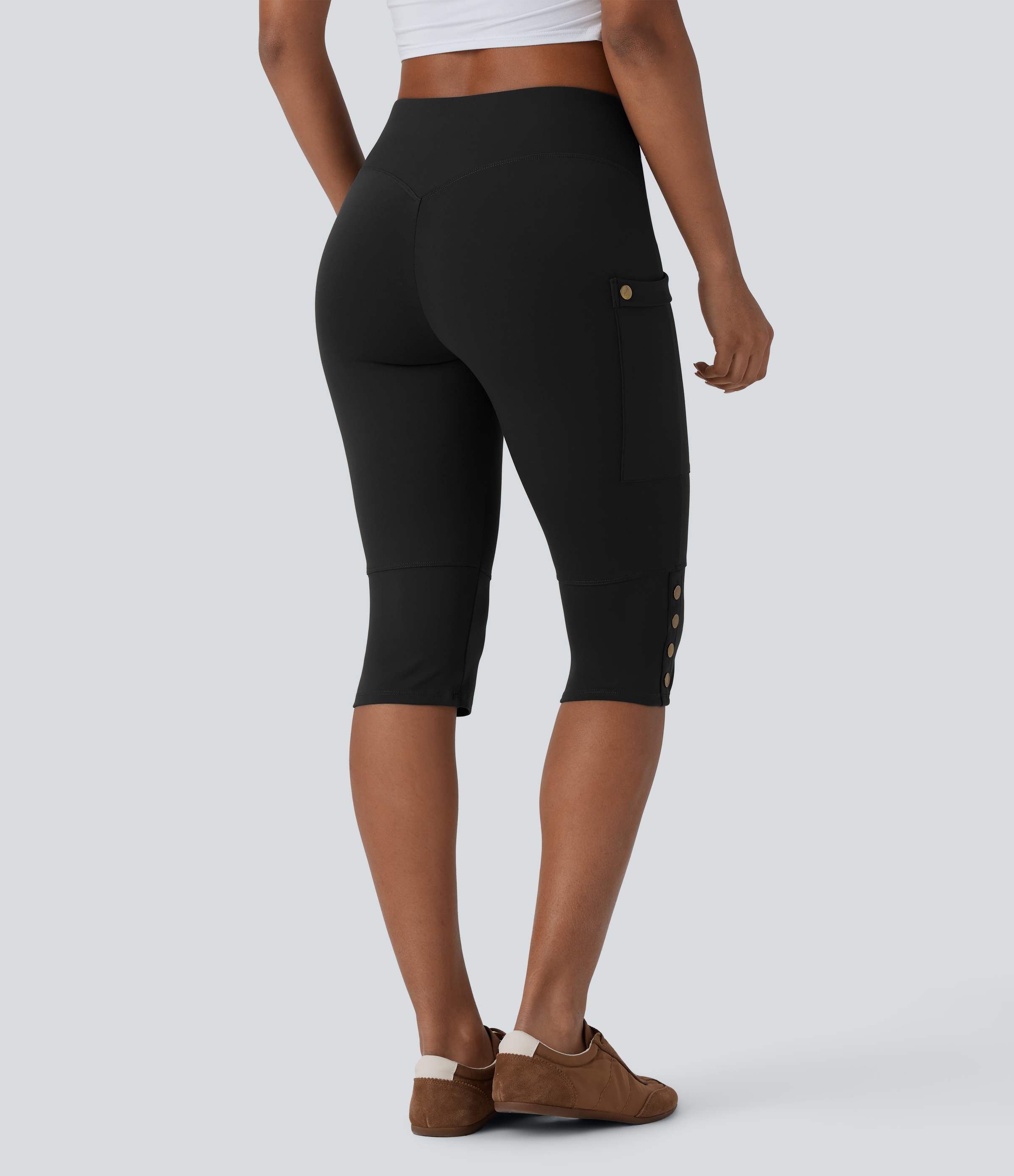 Black DayStretch High Waisted Tummy Control Decorative Pocket Skinny Casual Pedal Pusher Pants / 2