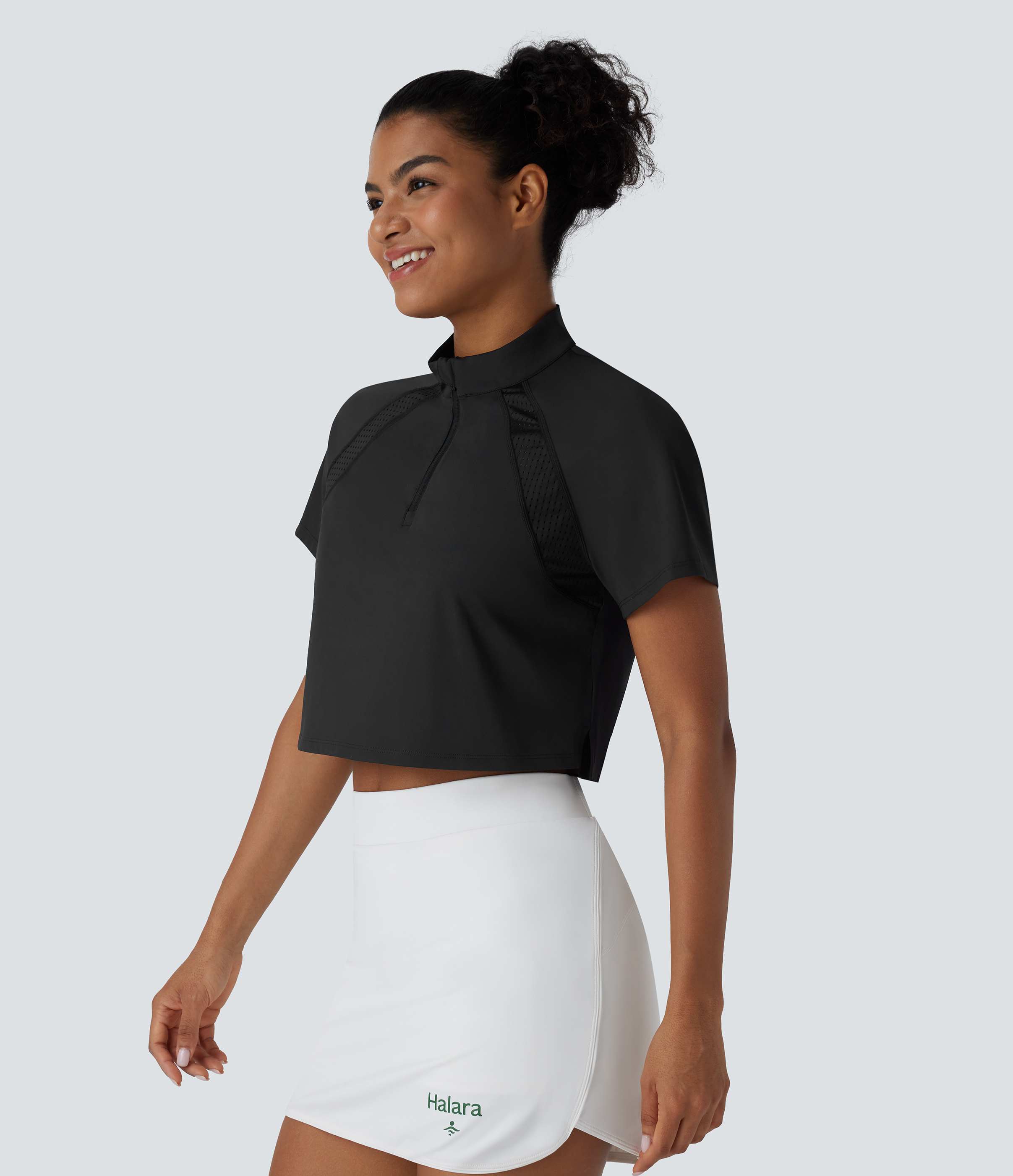 Halara Softlyzeroв„ў QuickDry Stand Collar Zipper Perforated Split High Low Tennis Sports Top  - Black - L 