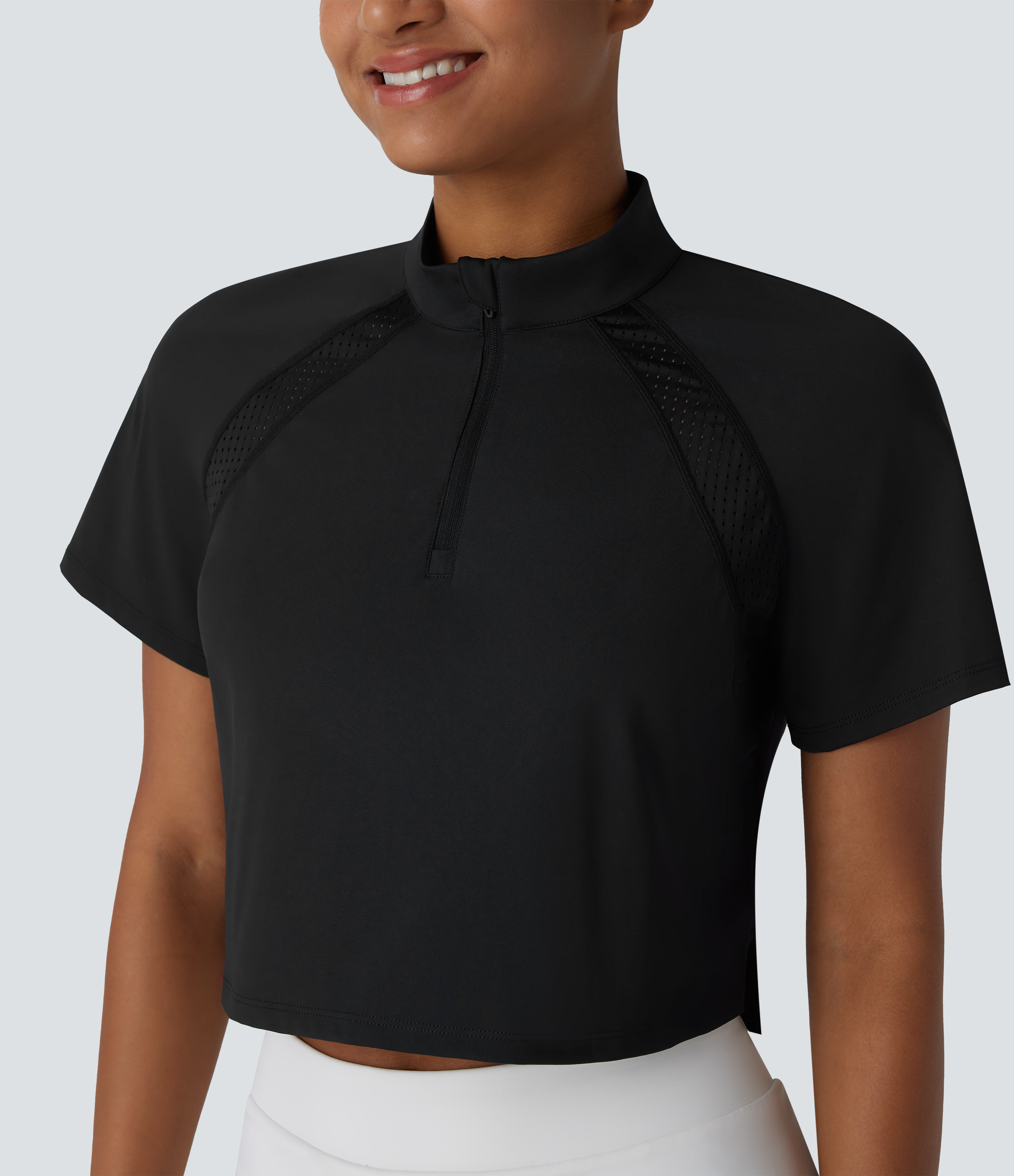 Halara Softlyzeroв„ў QuickDry Stand Collar Zipper Perforated Split High Low Tennis Sports Top  - Black - L 