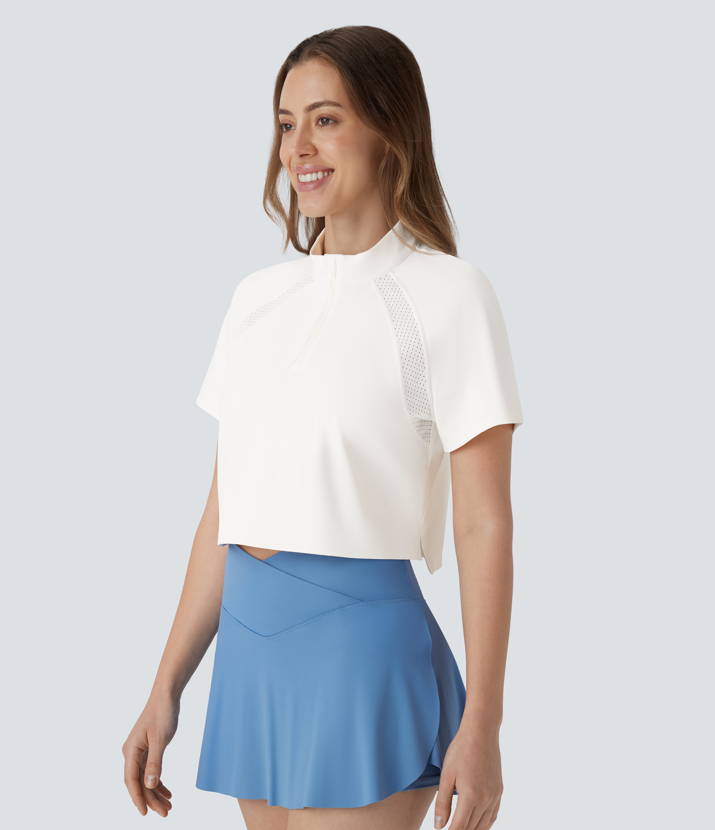 Halara Softlyzeroв„ў QuickDry Stand Collar Zipper Perforated Split High Low Tennis Sports Top  - White - XS 