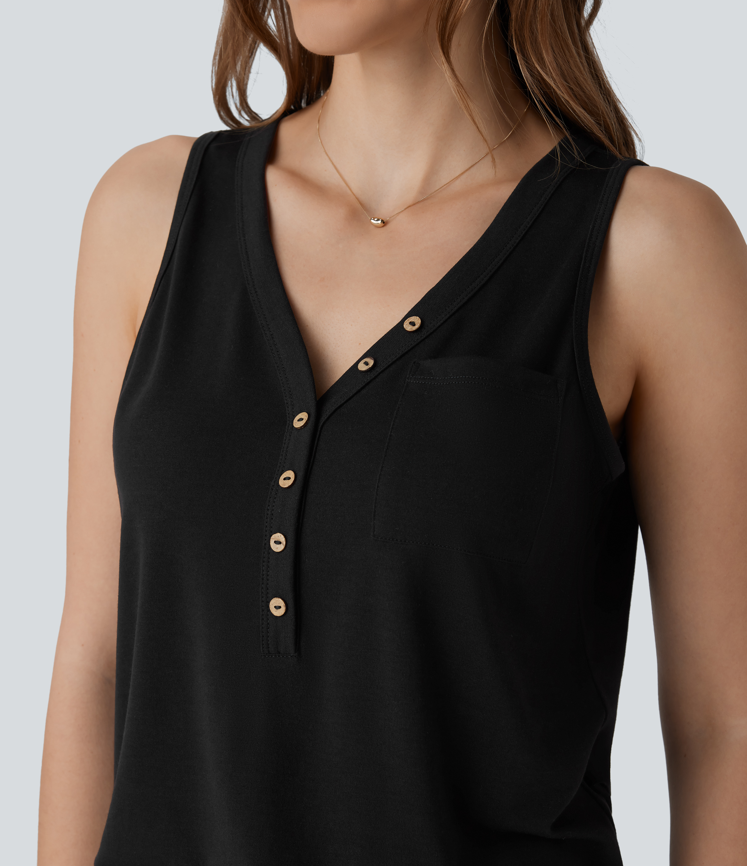 Halara V Neck Sleeveless Decorative Button Casual Top Tank Top - Black - XL golf tops halter top tunic tops sleeveless tops backless top 