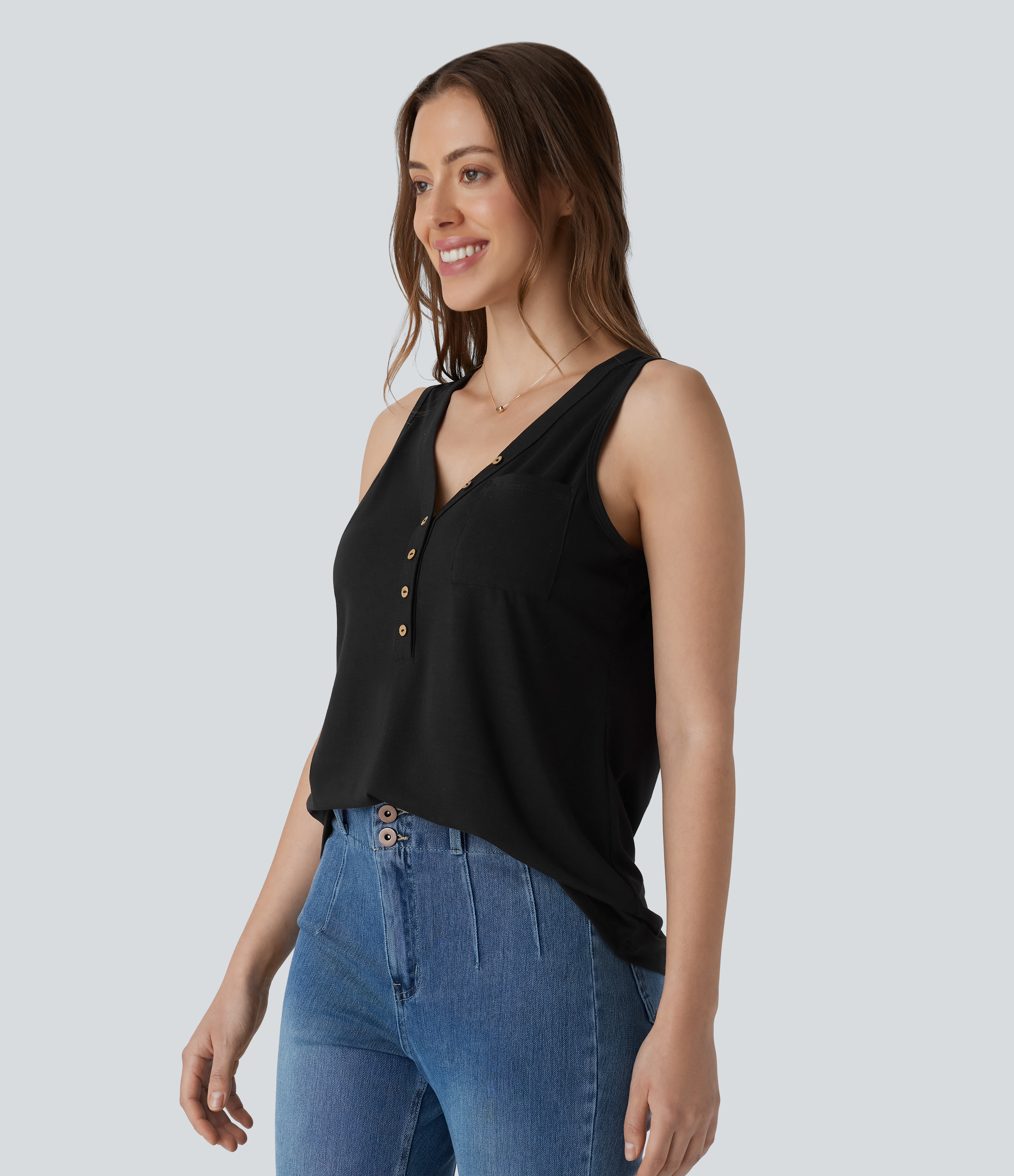 Halara V Neck Sleeveless Decorative Button Casual Top Tank Top - Black - XL golf tops halter top tunic tops sleeveless tops backless top 