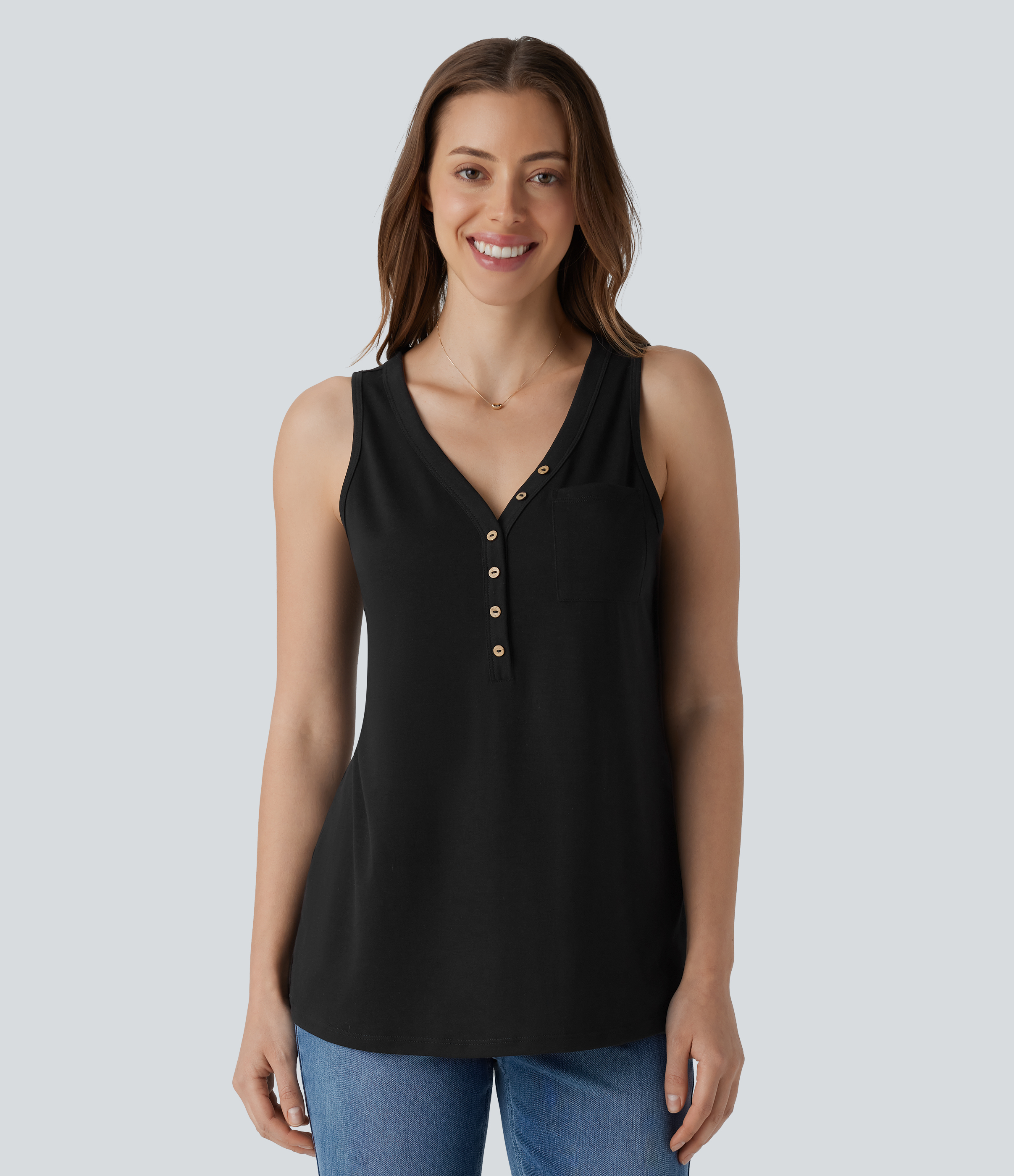 Halara V Neck Sleeveless Decorative Button Casual Top Tank Top - Black - XL golf tops halter top tunic tops sleeveless tops backless top 