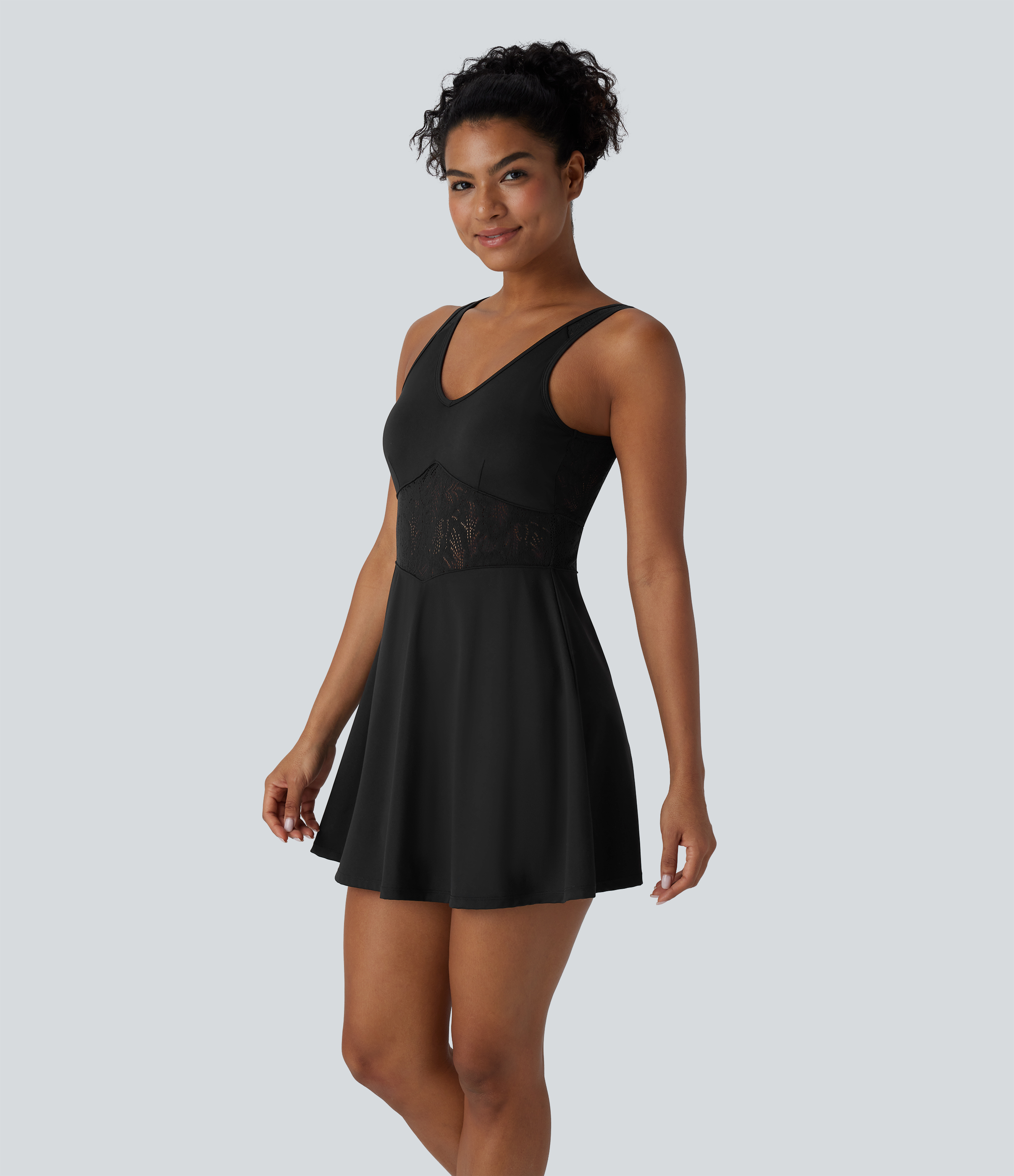 Halara Softlyzeroв„ў Airy V Neck Backless Contrast Lace 2-in-1 Cool Touch Mini Yoga Active Dress-UPF50+ Workout Dress - Black - L 