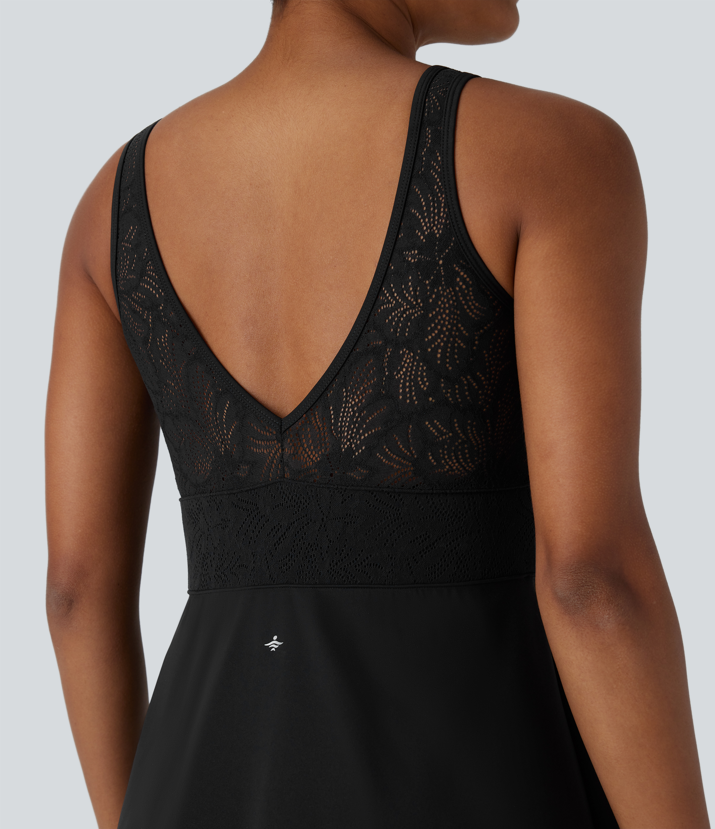 Halara Softlyzeroв„ў Airy V Neck Backless Contrast Lace 2-in-1 Cool Touch Mini Yoga Active Dress-UPF50+ Workout Dress - Black - L 