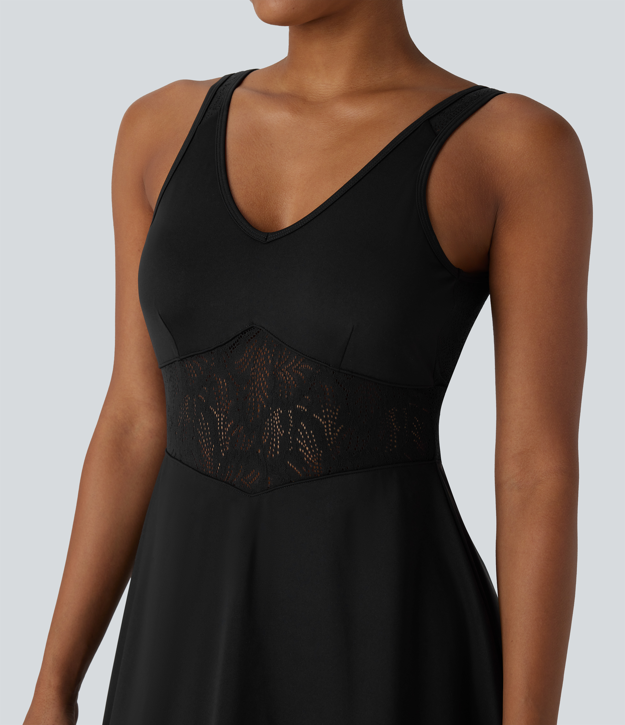 Halara Softlyzeroв„ў Airy V Neck Backless Contrast Lace 2-in-1 Cool Touch Mini Yoga Active Dress-UPF50+ Workout Dress - Black - L 