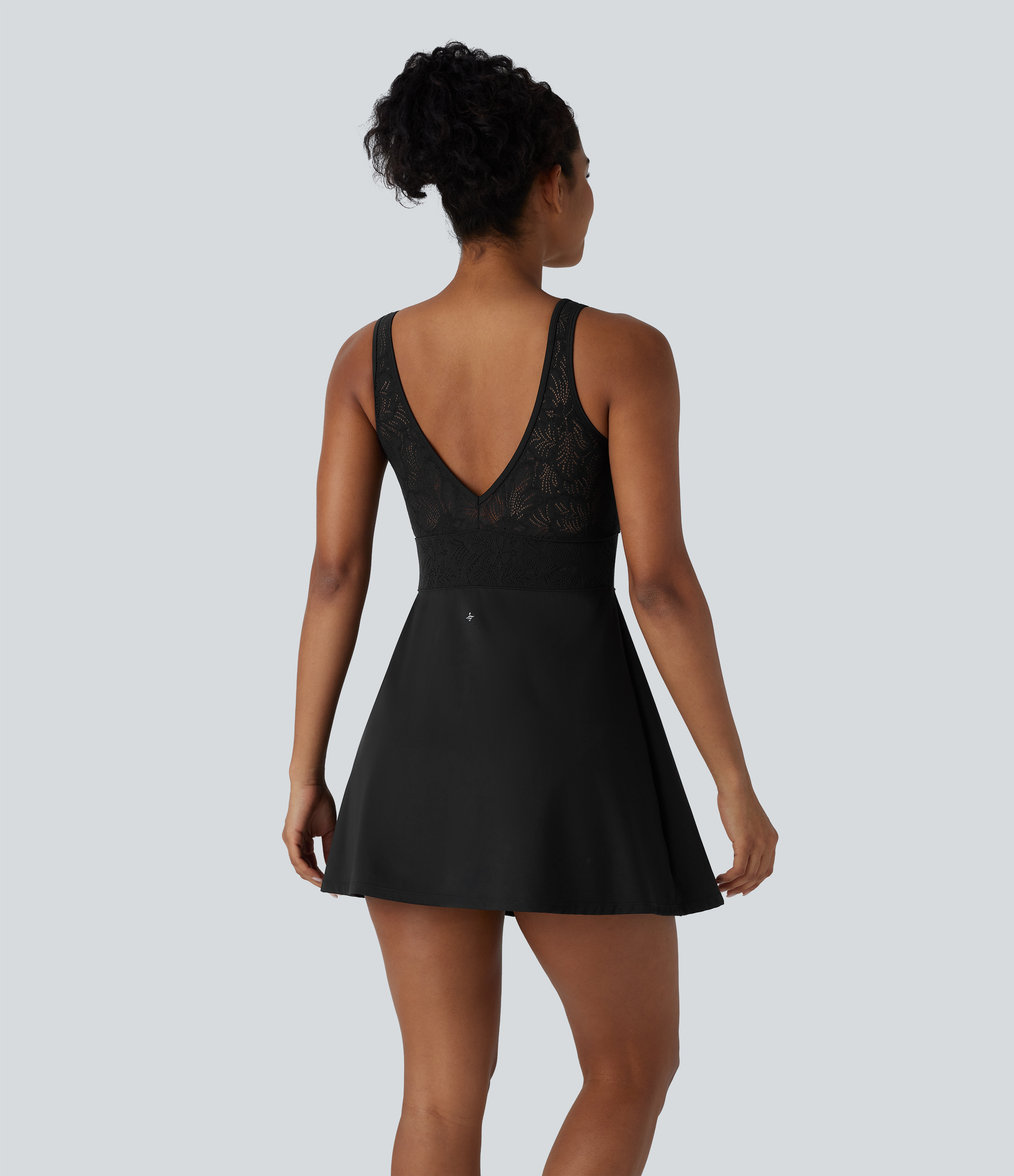 Halara Softlyzeroв„ў Airy V Neck Backless Contrast Lace 2-in-1 Cool Touch Mini Yoga Active Dress-UPF50+ Workout Dress - Black - L 