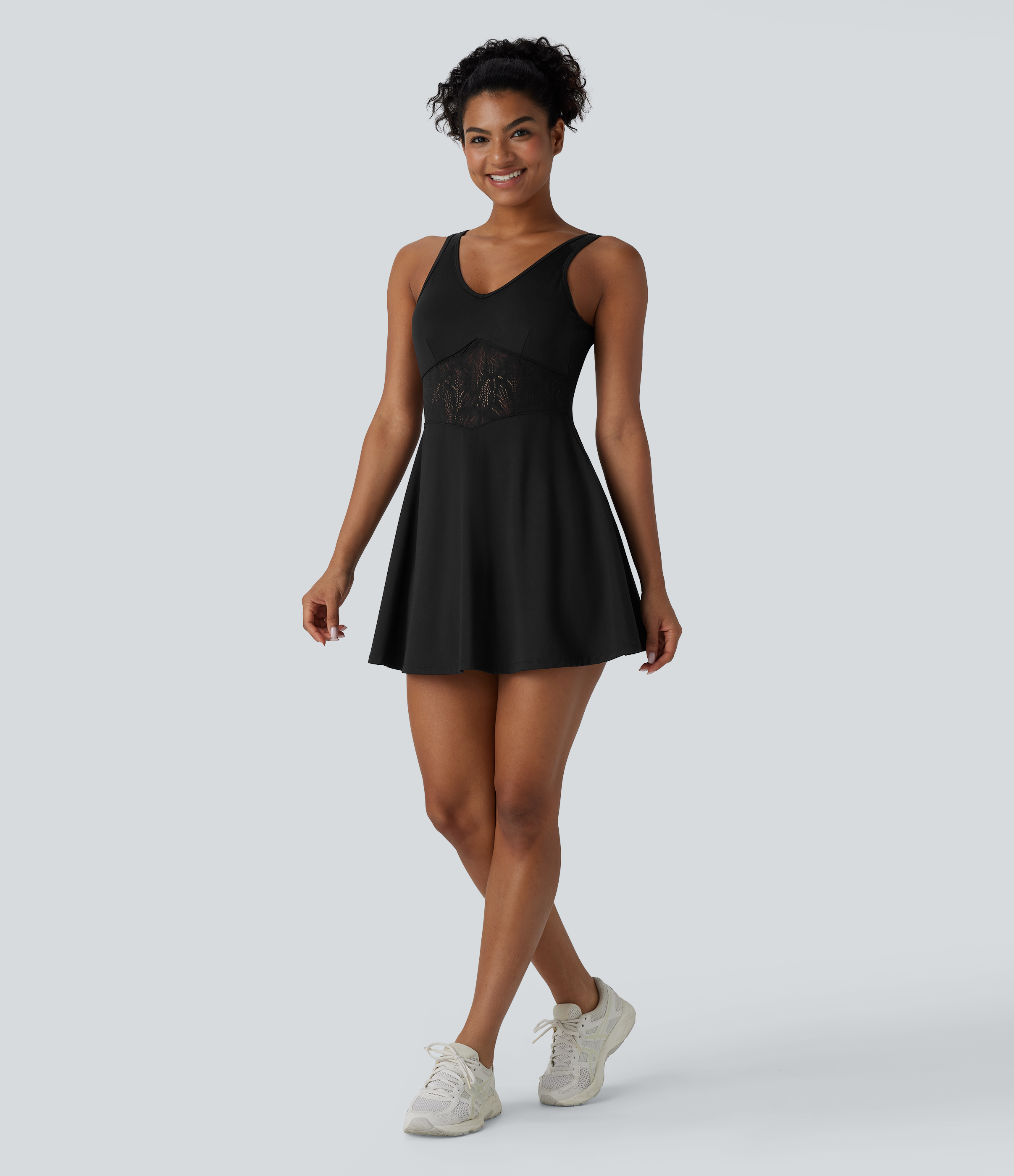 Halara Softlyzeroв„ў Airy V Neck Backless Contrast Lace 2-in-1 Cool Touch Mini Yoga Active Dress-UPF50+ Workout Dress - Black - L 