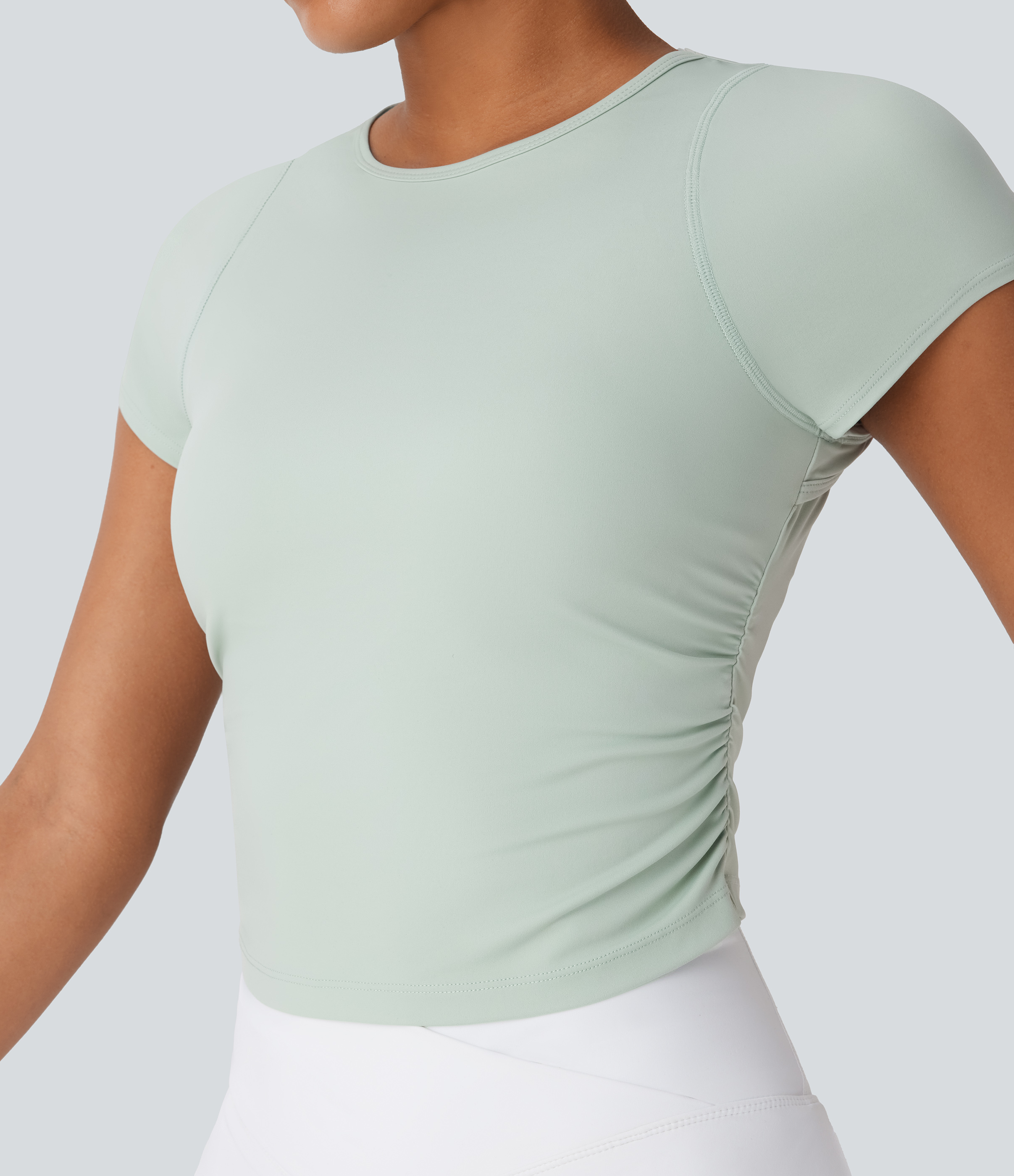 Halara Softlyzeroв„ў Airy Cut Out Ruched Curved Hem Slim Cool Touch Tennis Sports Top  - Light Bean Green - M 
