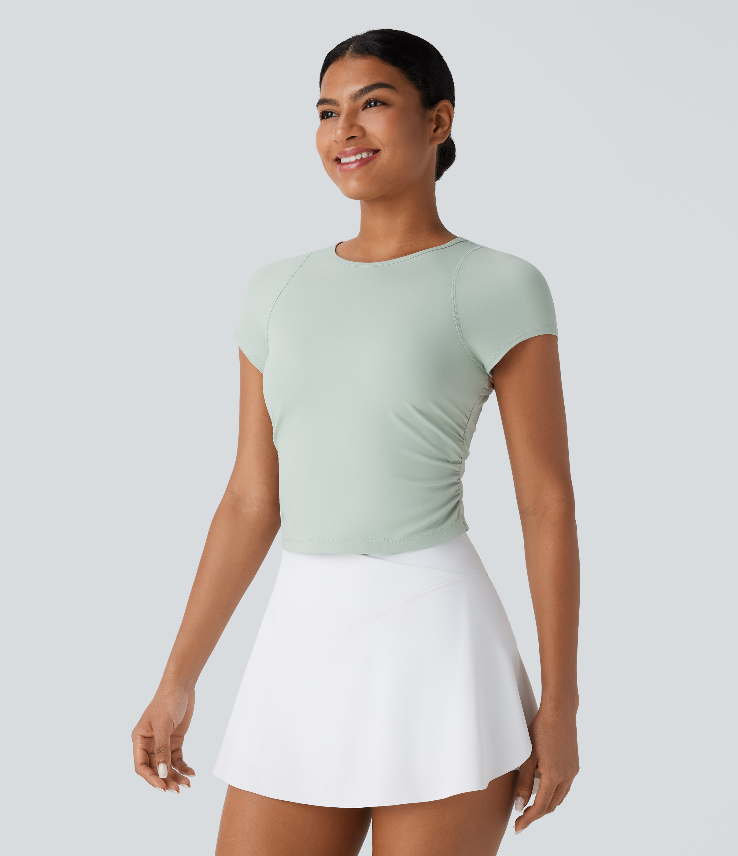 Halara Softlyzeroв„ў Airy Cut Out Ruched Curved Hem Slim Cool Touch Tennis Sports Top  - Light Bean Green - M 