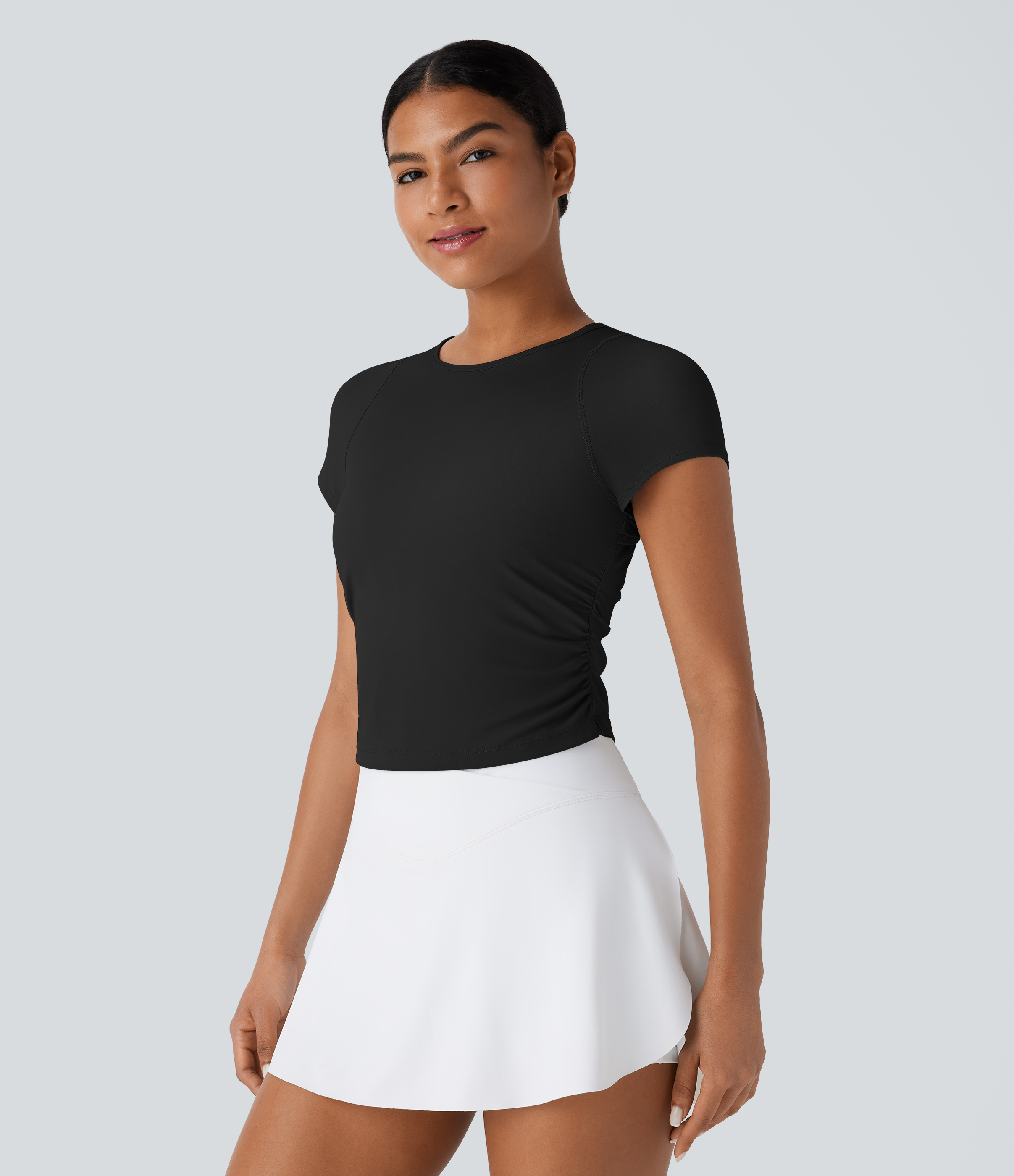 Halara Softlyzeroв„ў Airy Cut Out Ruched Curved Hem Slim Cool Touch Tennis Sports Top  - Black - XS 