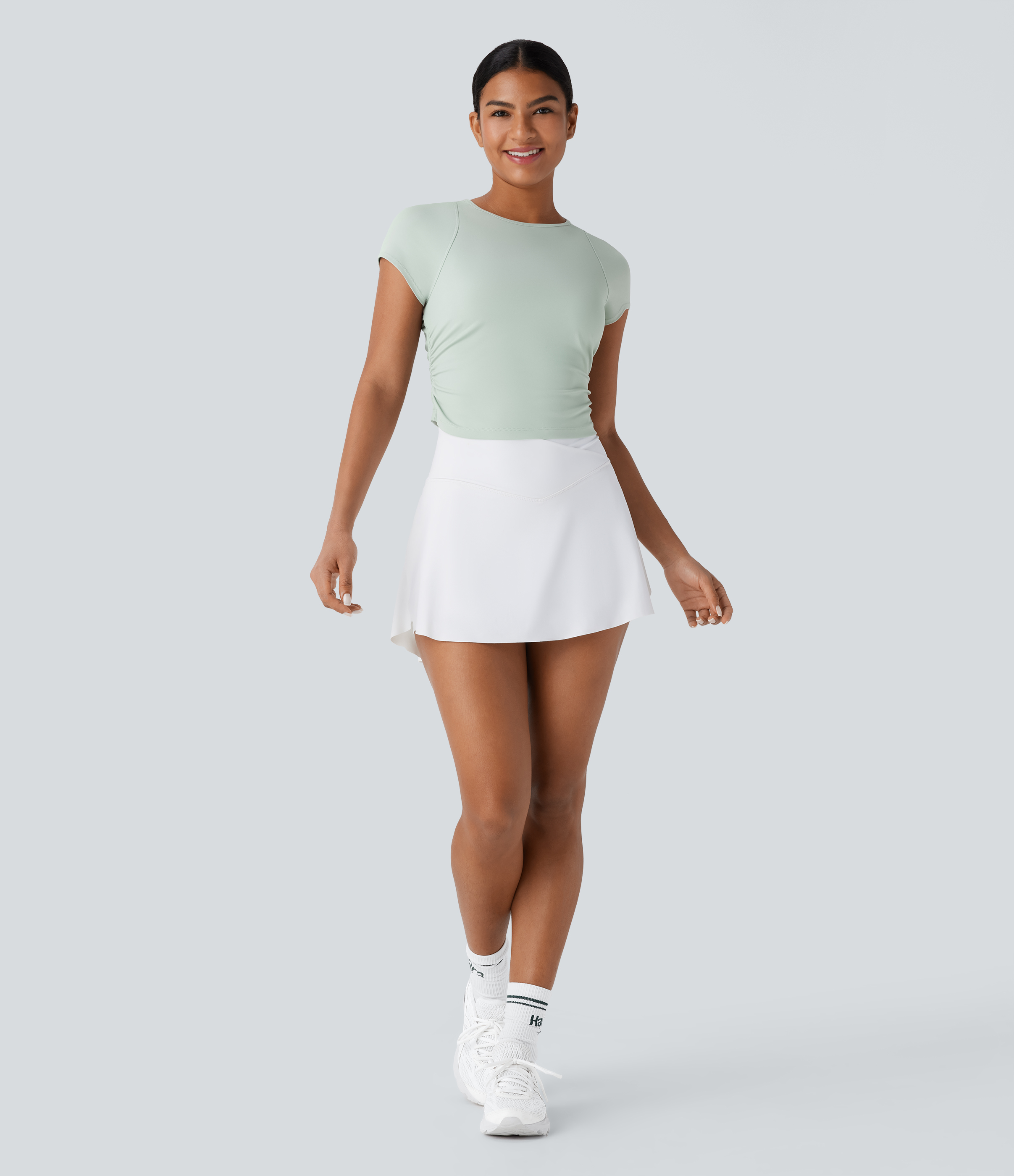 Halara Softlyzeroв„ў Airy Cut Out Ruched Curved Hem Slim Cool Touch Tennis Sports Top  - Light Bean Green - M 