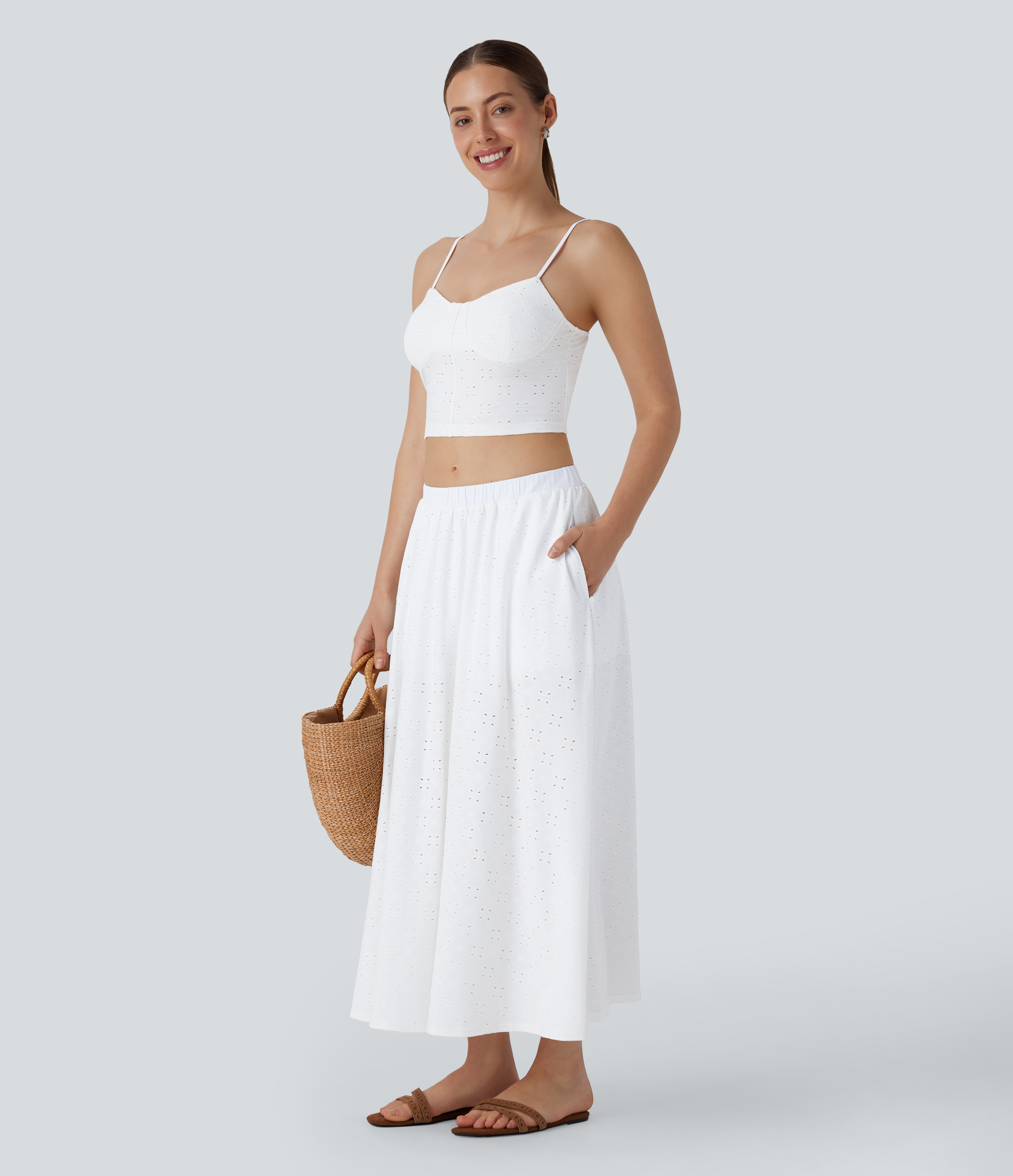 Halara Mid Low Rise Side Pocket 2-in-1 Cut Out Flowy Midi Resort Skirt  - White - L(regular) 