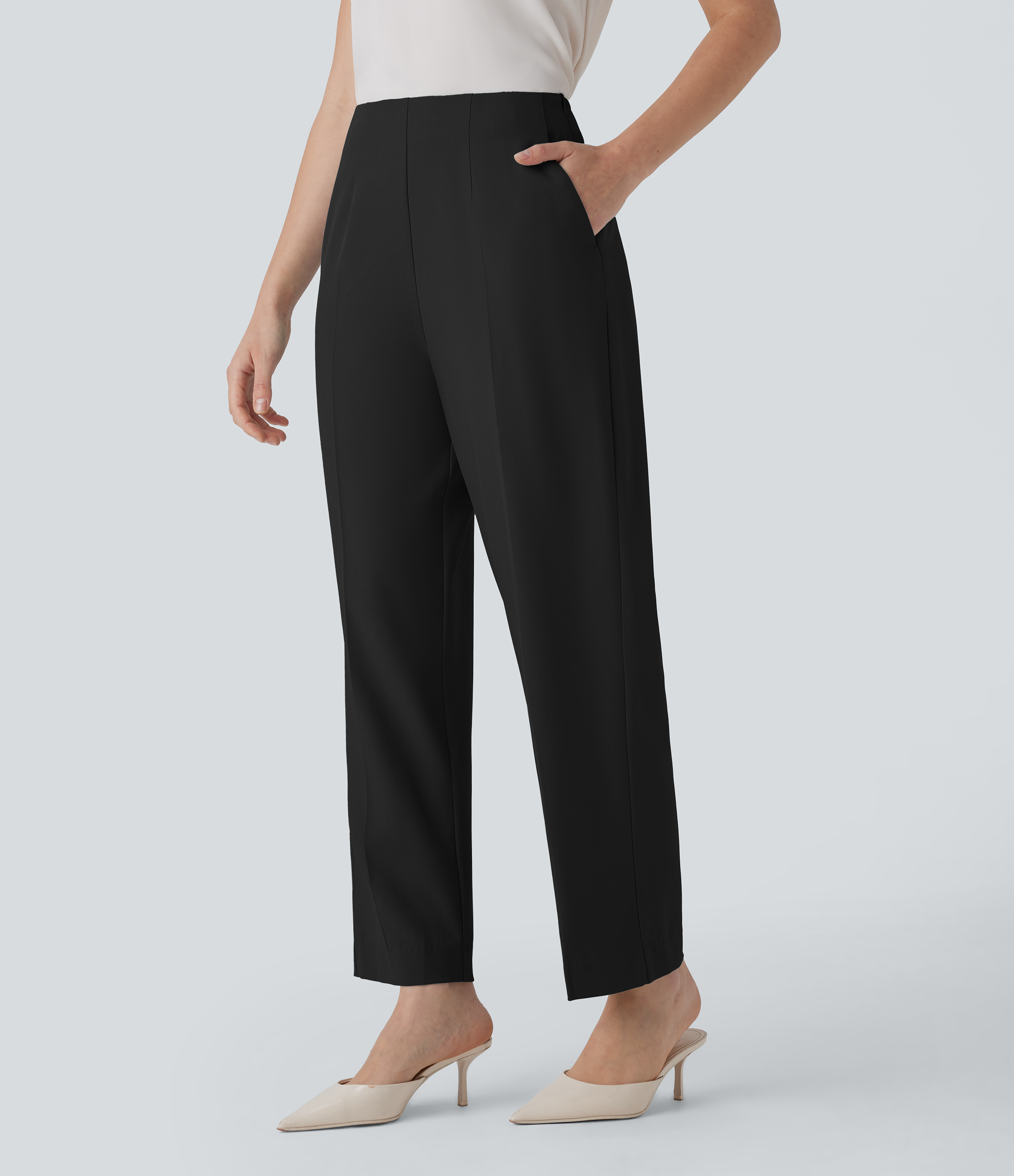 Halara High Waisted Invisible Zipper Side Pocket Work Tapered Pants  - Black - L(regular) sweatpants jogger pants stacked sweatpants 