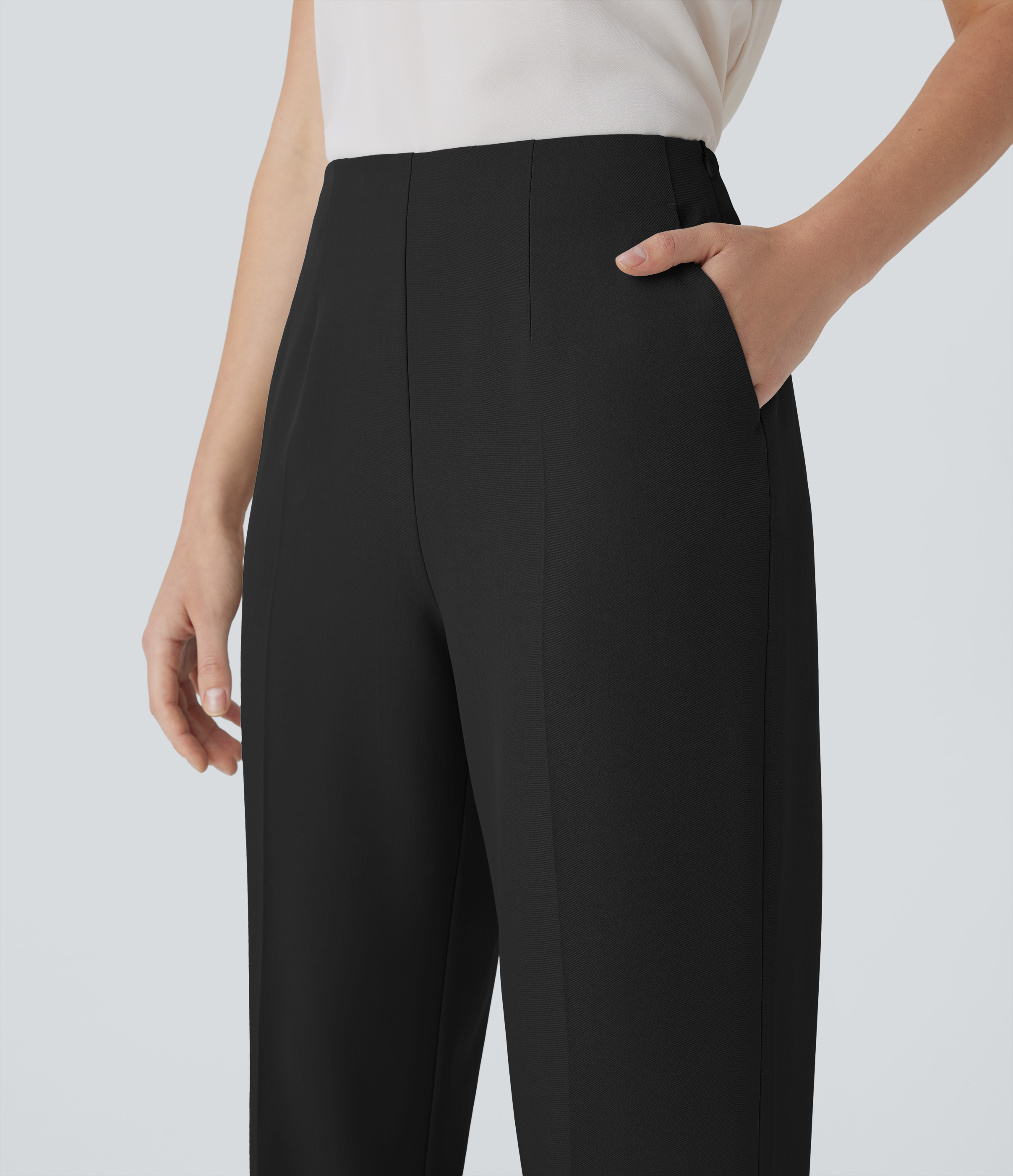 Halara High Waisted Invisible Zipper Side Pocket Work Tapered Pants  - Black - L(regular) sweatpants jogger pants stacked sweatpants 