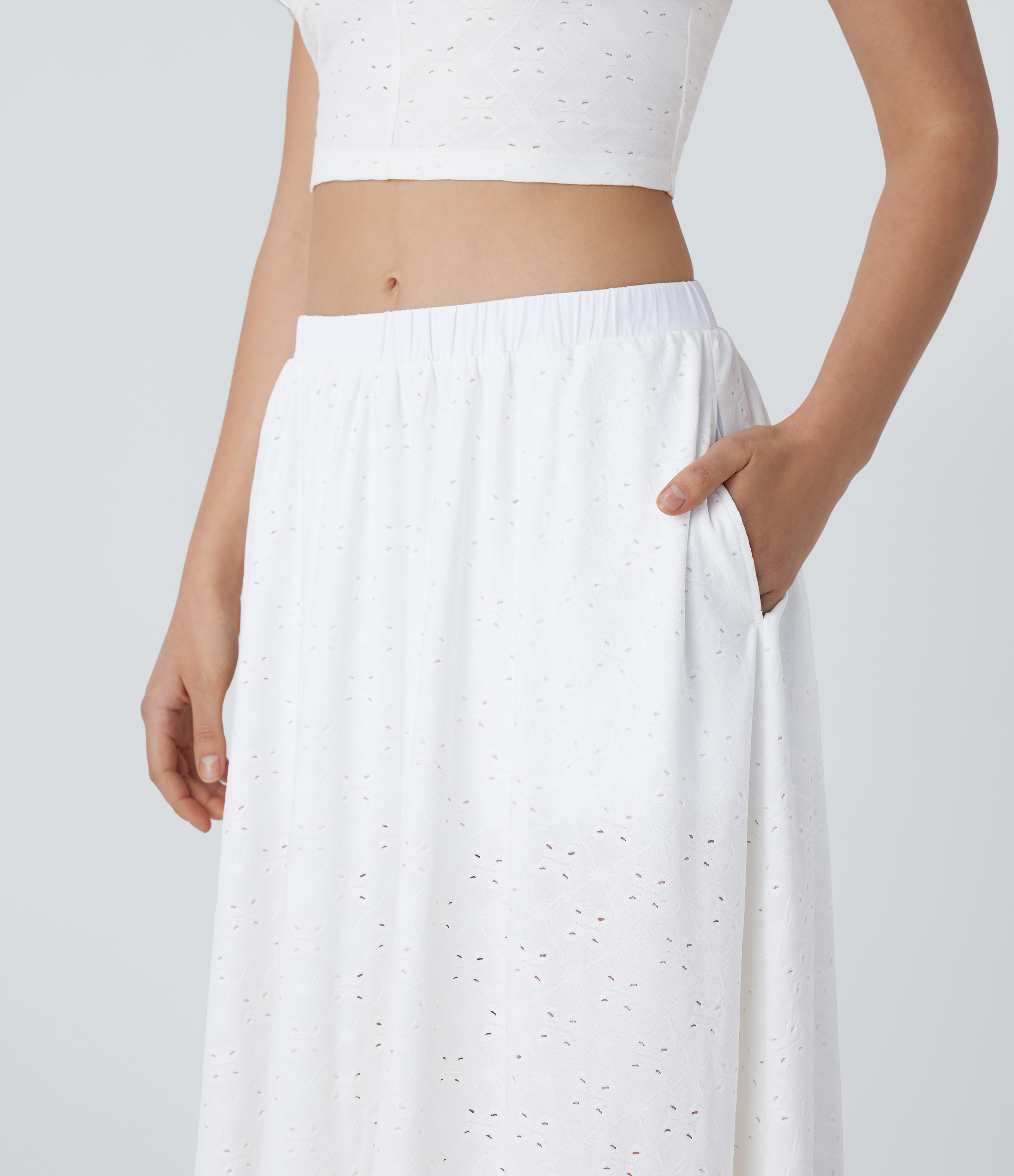 Halara Mid Low Rise Side Pocket 2-in-1 Cut Out Flowy Midi Resort Skirt  - White - L(regular) 