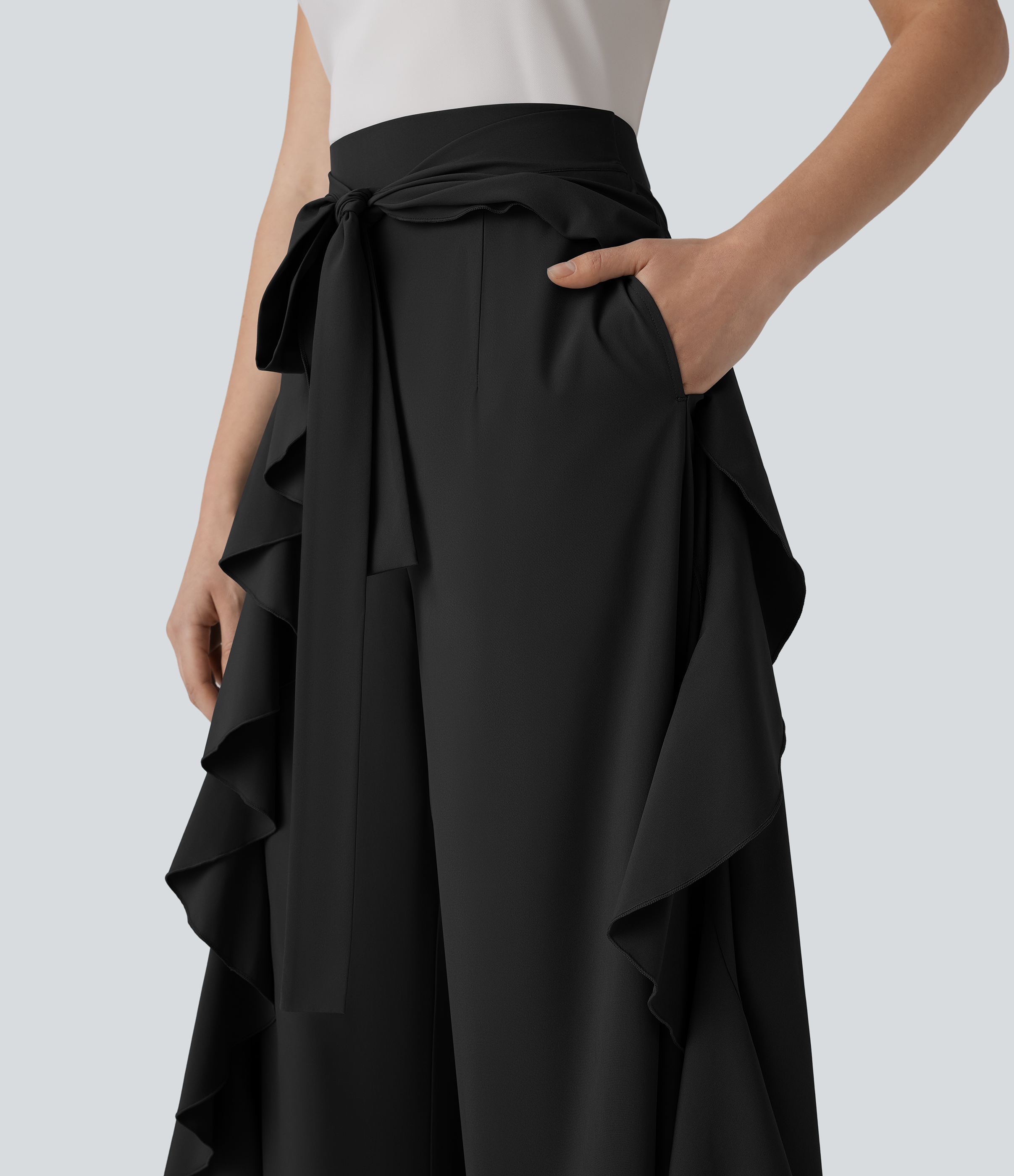Halara Breezefulв„ў High Waisted Tie Front Invisible Zipper Side Pocket Ruffle Flowy Quick Dry Work Pants  - Black - XS(regular) sweatpants 