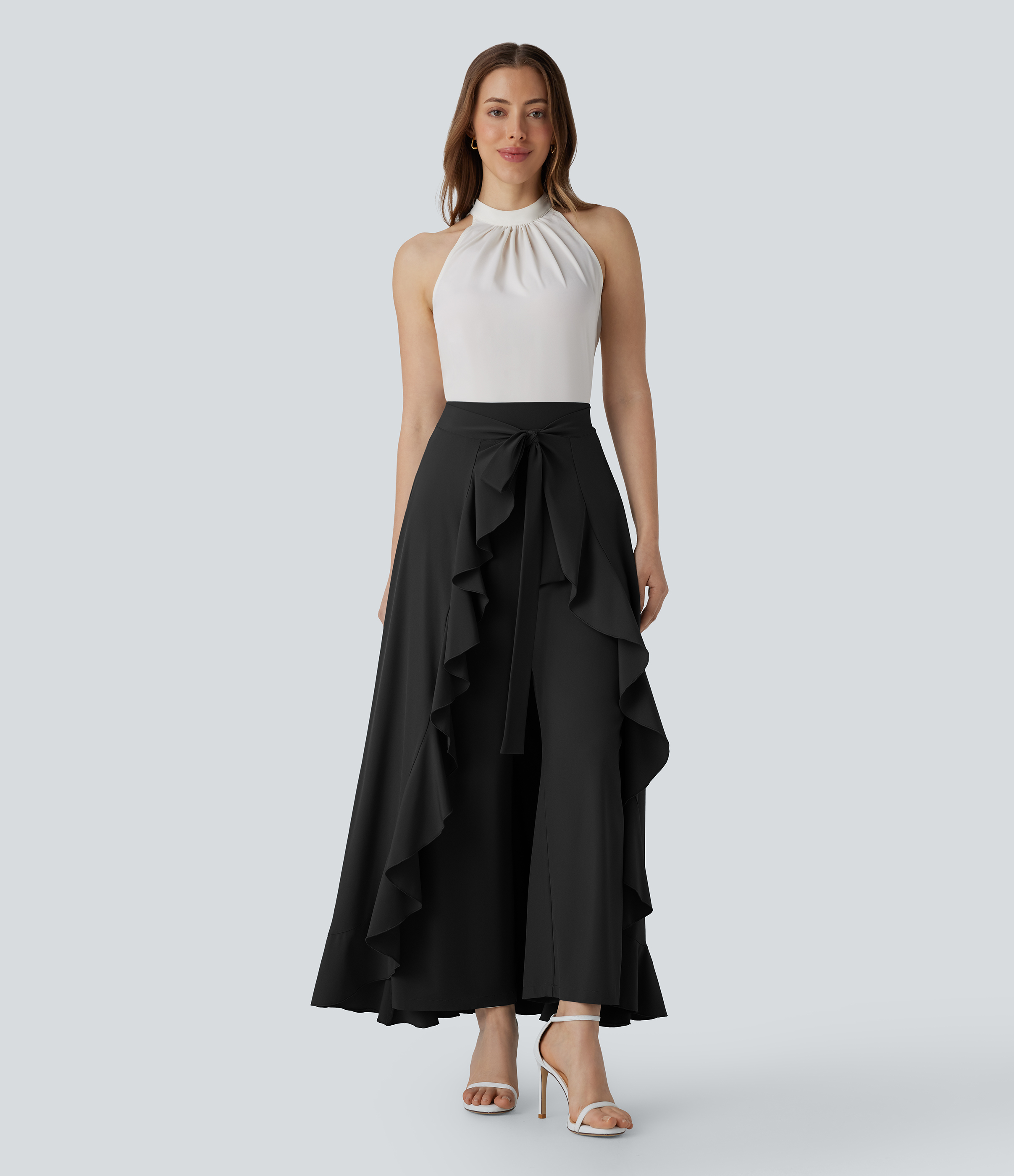 Halara Breezefulв„ў High Waisted Tie Front Invisible Zipper Side Pocket Ruffle Flowy Quick Dry Work Pants  - Black - XS(regular) sweatpants 