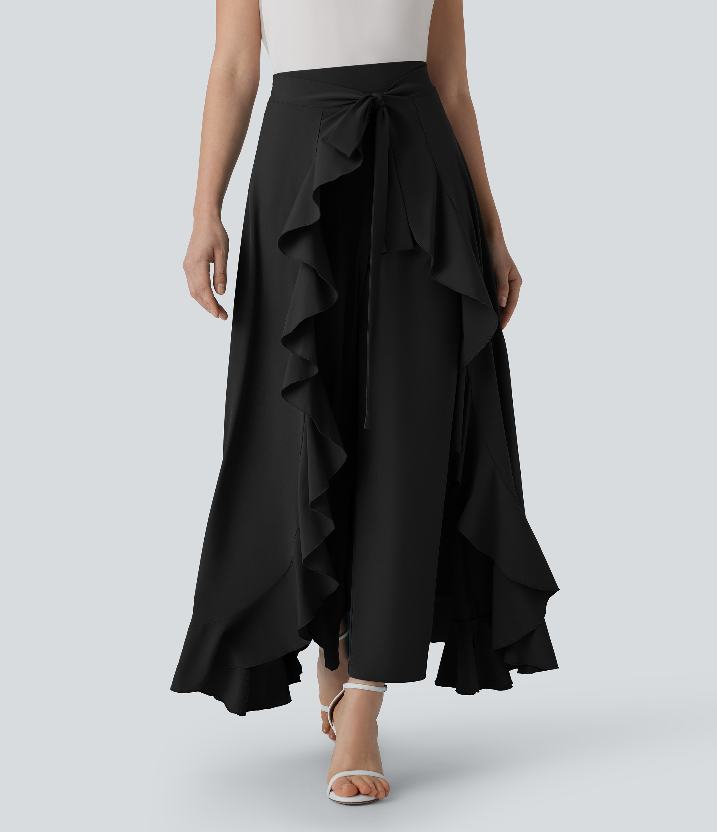Halara Breezefulв„ў High Waisted Tie Front Invisible Zipper Side Pocket Ruffle Flowy Quick Dry Work Pants  - Black - XS(regular) sweatpants 