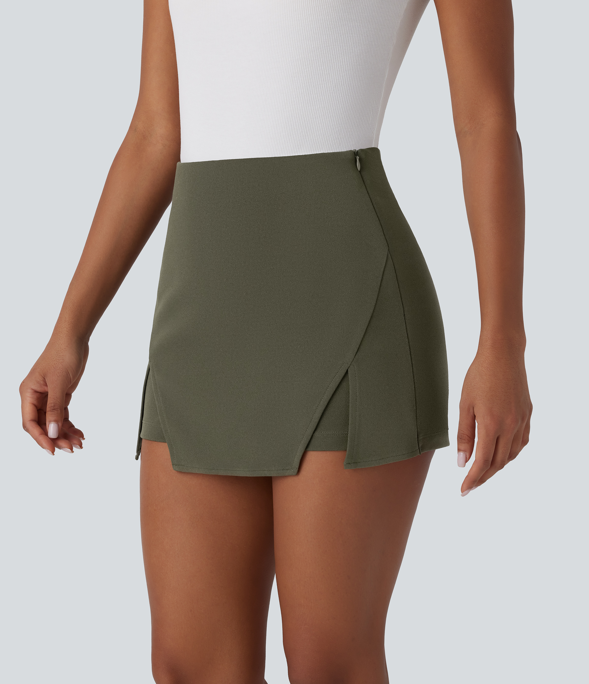 Halara High Waisted Invisible Zipper Split Mini Work Skort  - Twilight Green - XS(regular) 