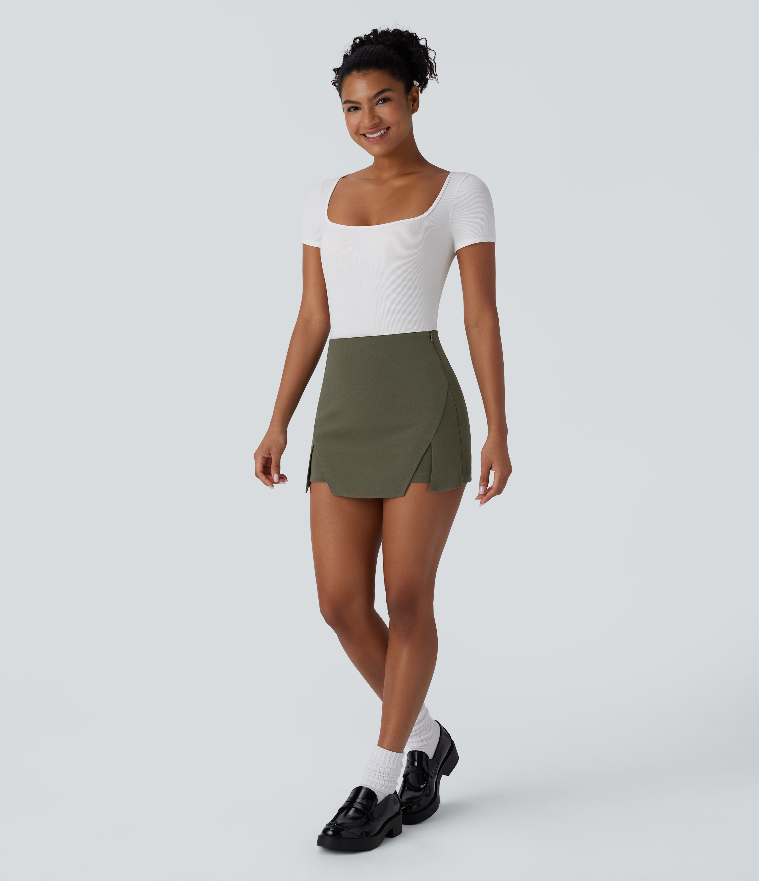 Halara High Waisted Invisible Zipper Split Mini Work Skort  - Twilight Green - XS(regular) 