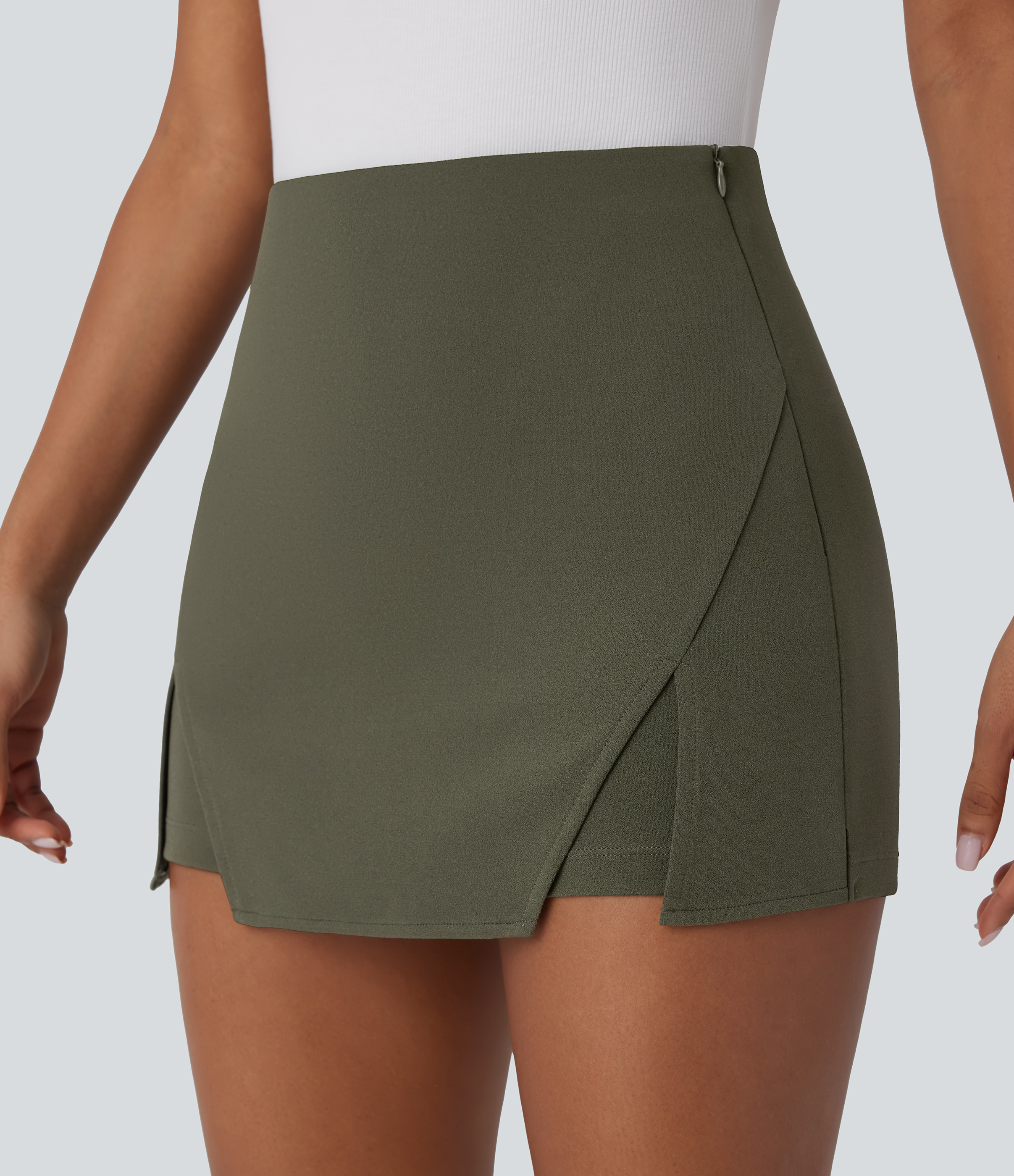 Halara High Waisted Invisible Zipper Split Mini Work Skort  - Twilight Green - XS(regular) 