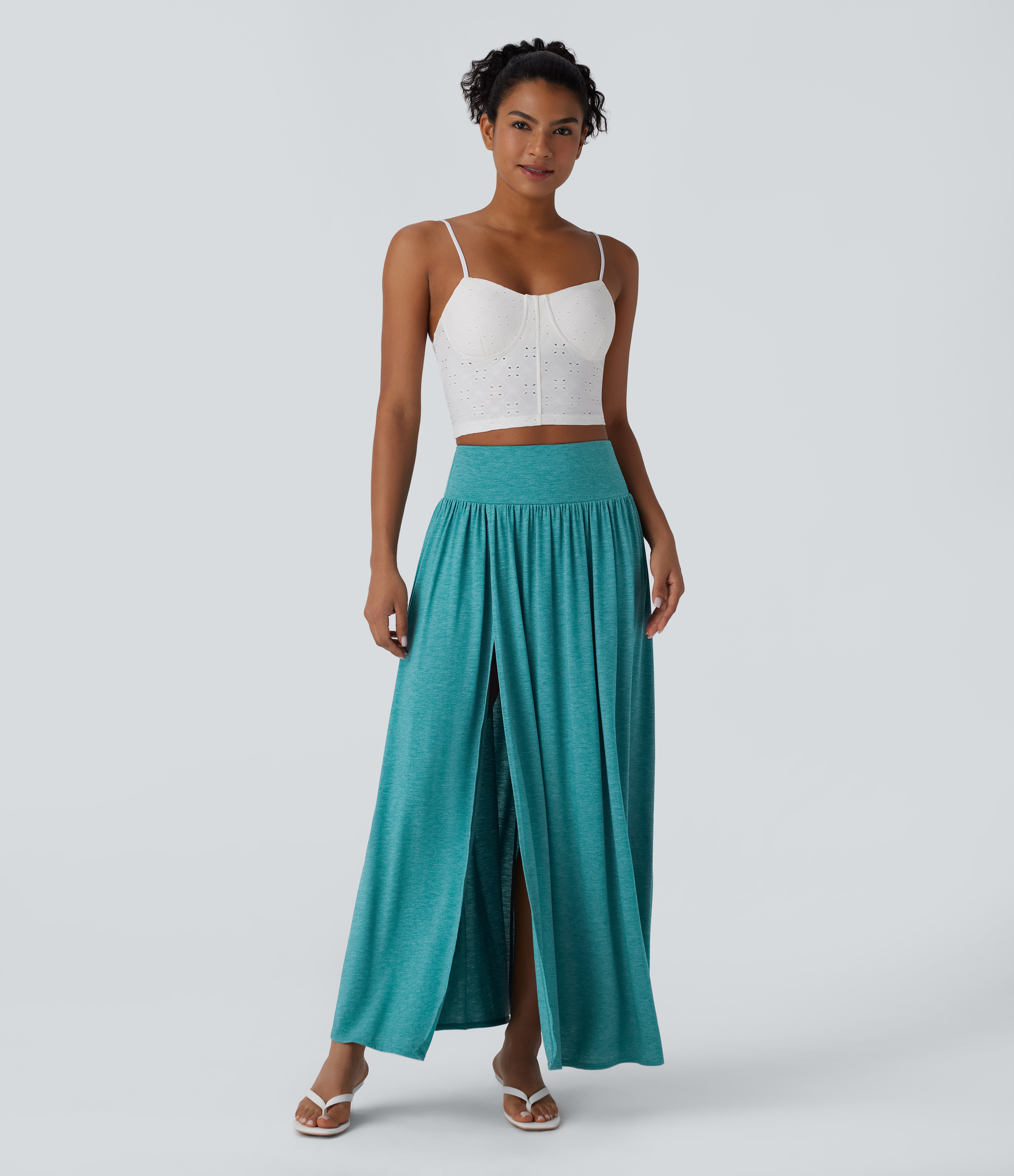 Halara High Waisted Split 2-in-1 Flowy Maxi Casual Skirt  - Stone Green Floral Yarn - L(regular) 