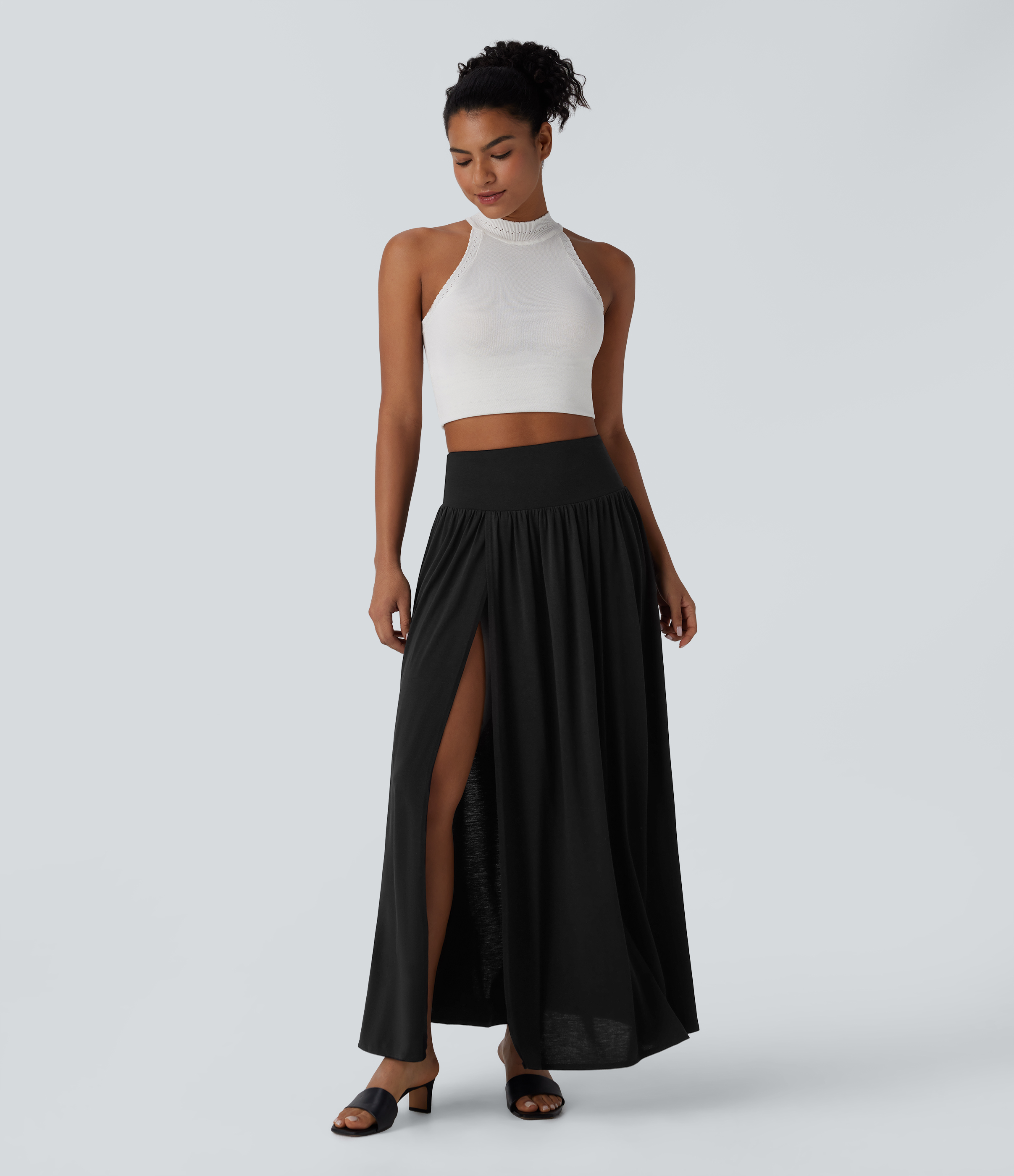 Halara High Waisted Split 2-in-1 Flowy Maxi Casual Skirt  - Black - S(regular) 