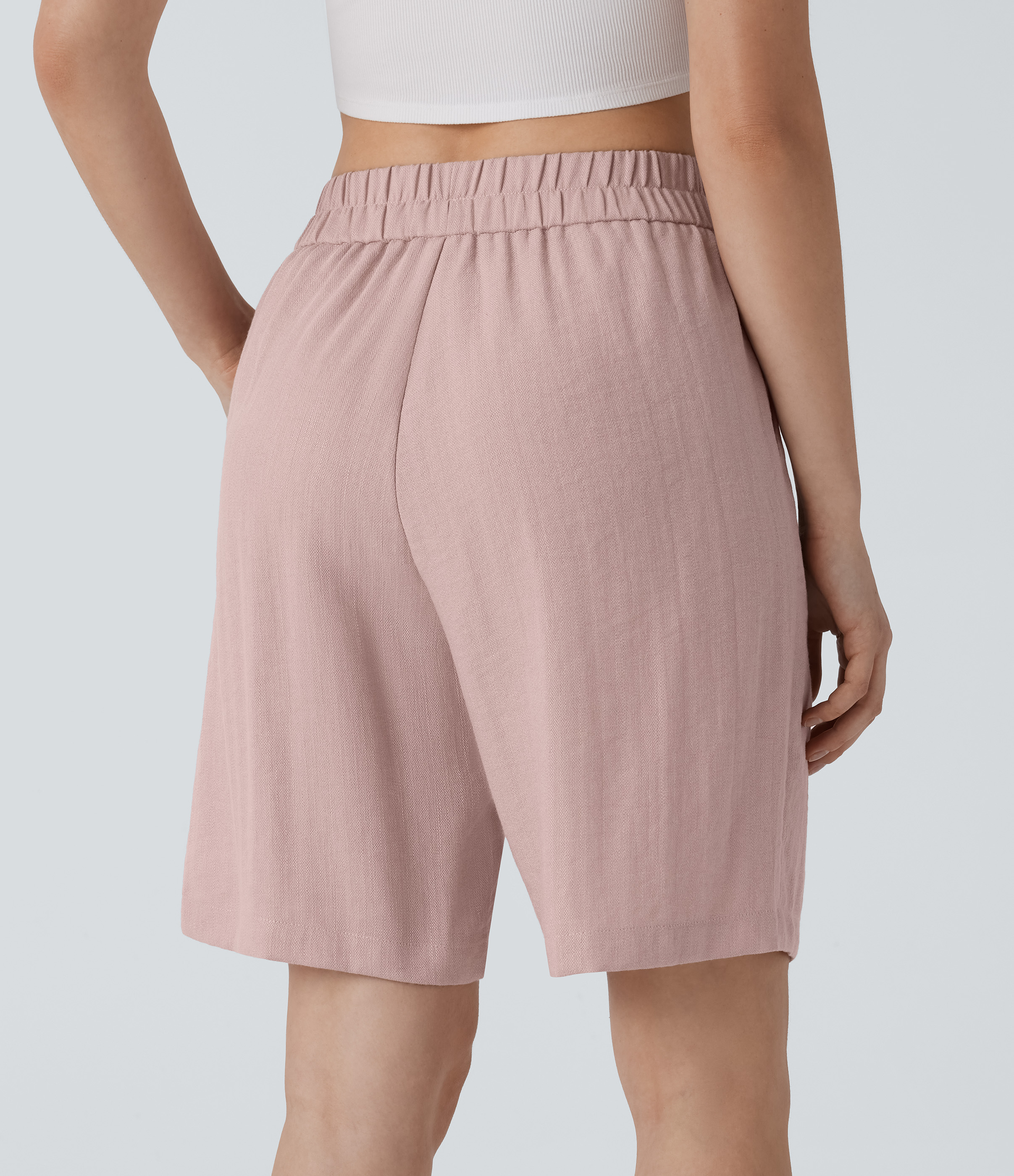 Sepia Rose Hohe Taille Taschen Lässige Leinen-Optik Bermuda Shorts / 2