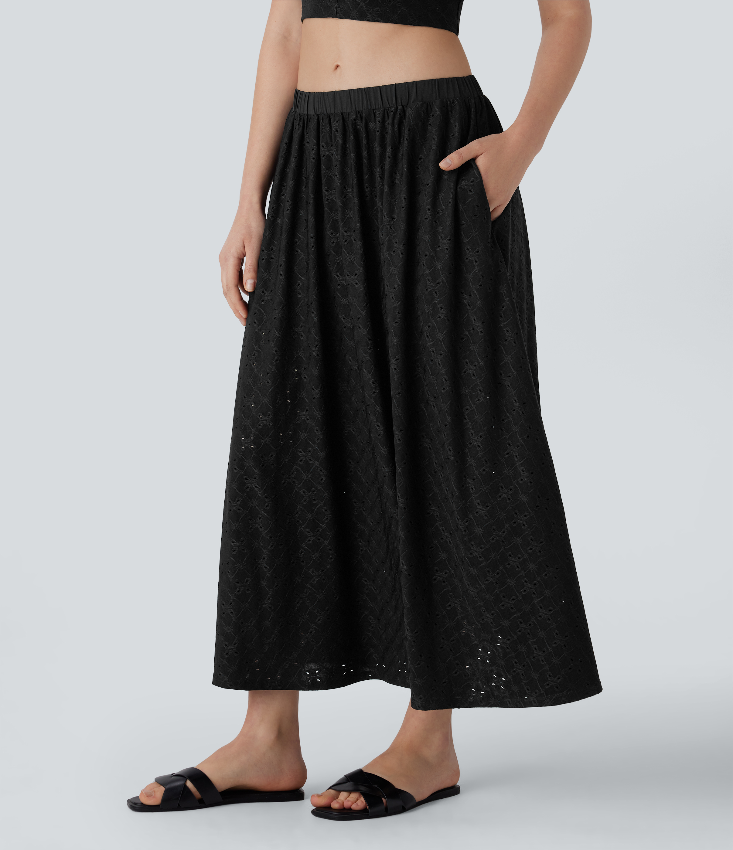 Halara Mid Low Rise Side Pocket 2-in-1 Cut Out Flowy Midi Resort Skirt  - Black - L(regular) 