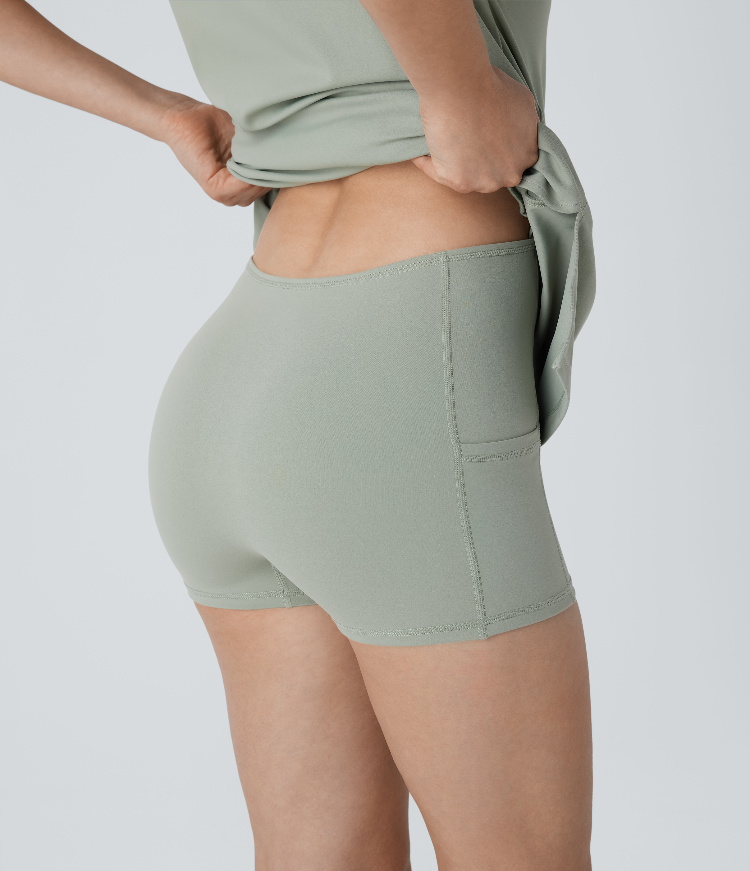 Halara Round Neck Short Sleeve 2-in-1 Side Pocket Split Mini Yoga Active Dress-Easy Peezy Edition Workout Dress - Asparagus - XL 