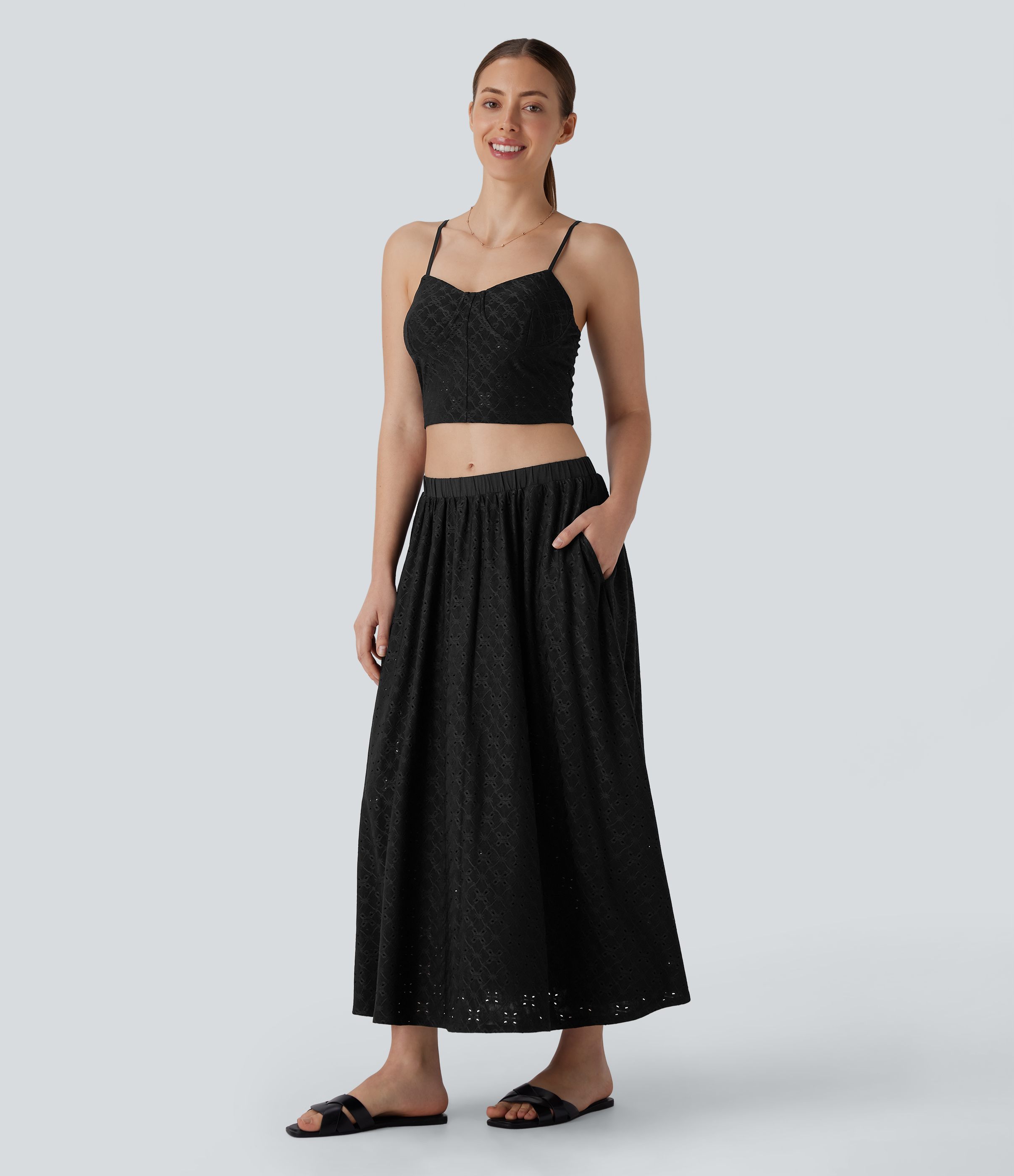 Halara Mid Low Rise Side Pocket 2-in-1 Cut Out Flowy Midi Resort Skirt  - Black - L(regular) 