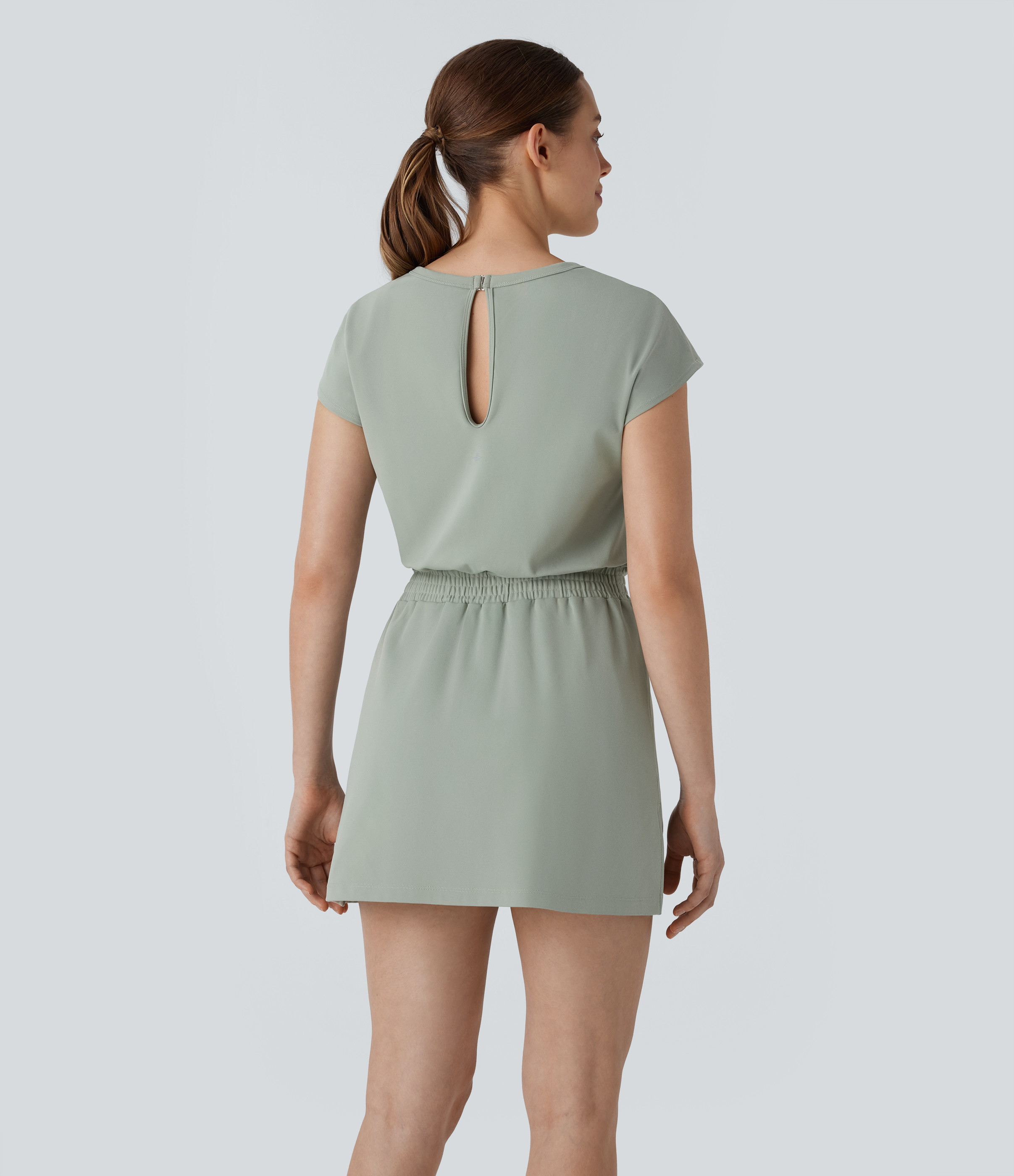 Halara Round Neck Short Sleeve 2-in-1 Side Pocket Split Mini Yoga Active Dress-Easy Peezy Edition Workout Dress - Asparagus - XL 
