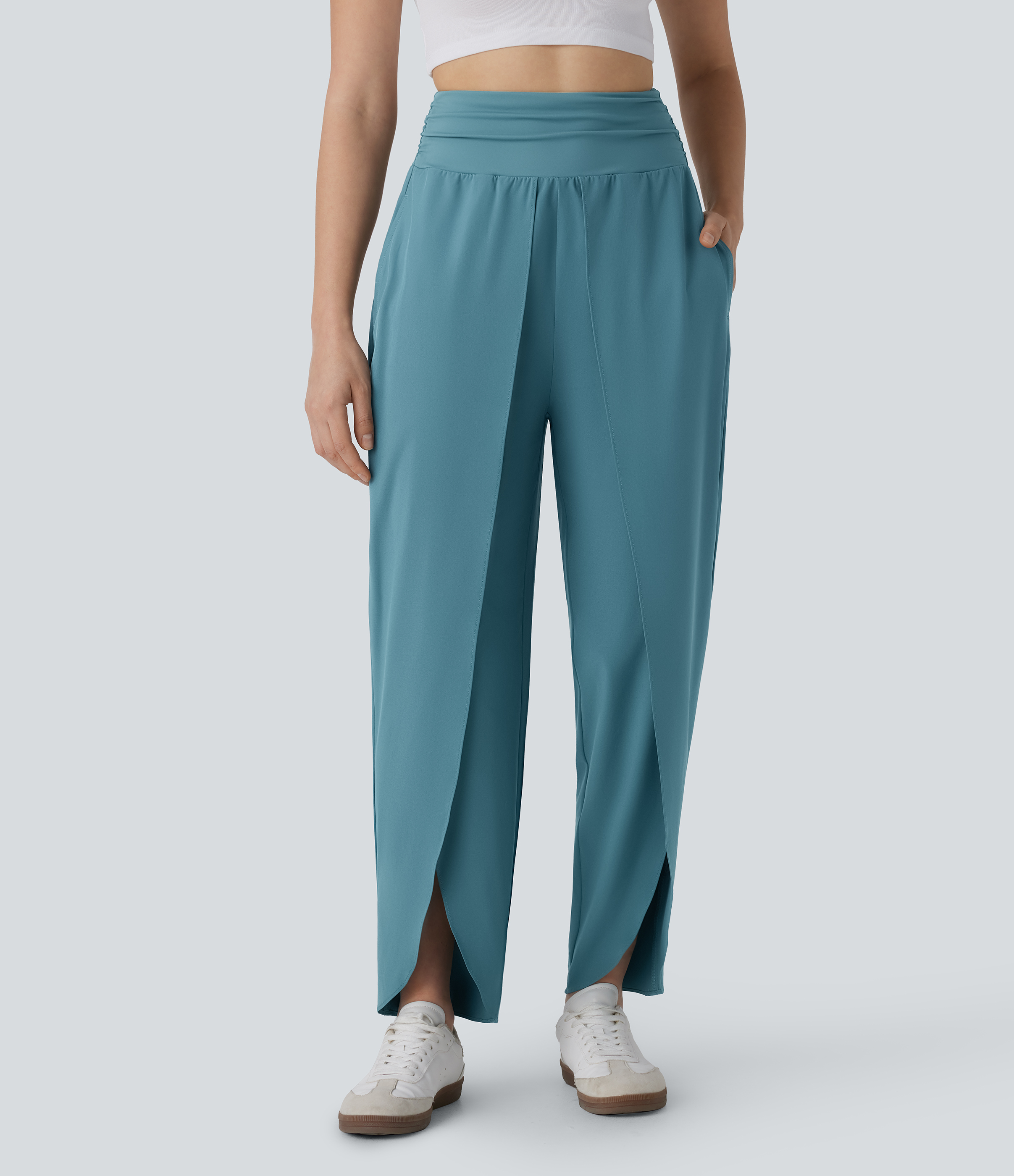 Breezeful™ High Waisted Ruched Side Pocket Tapered Tulip Hem Quick Dry Casual Pants