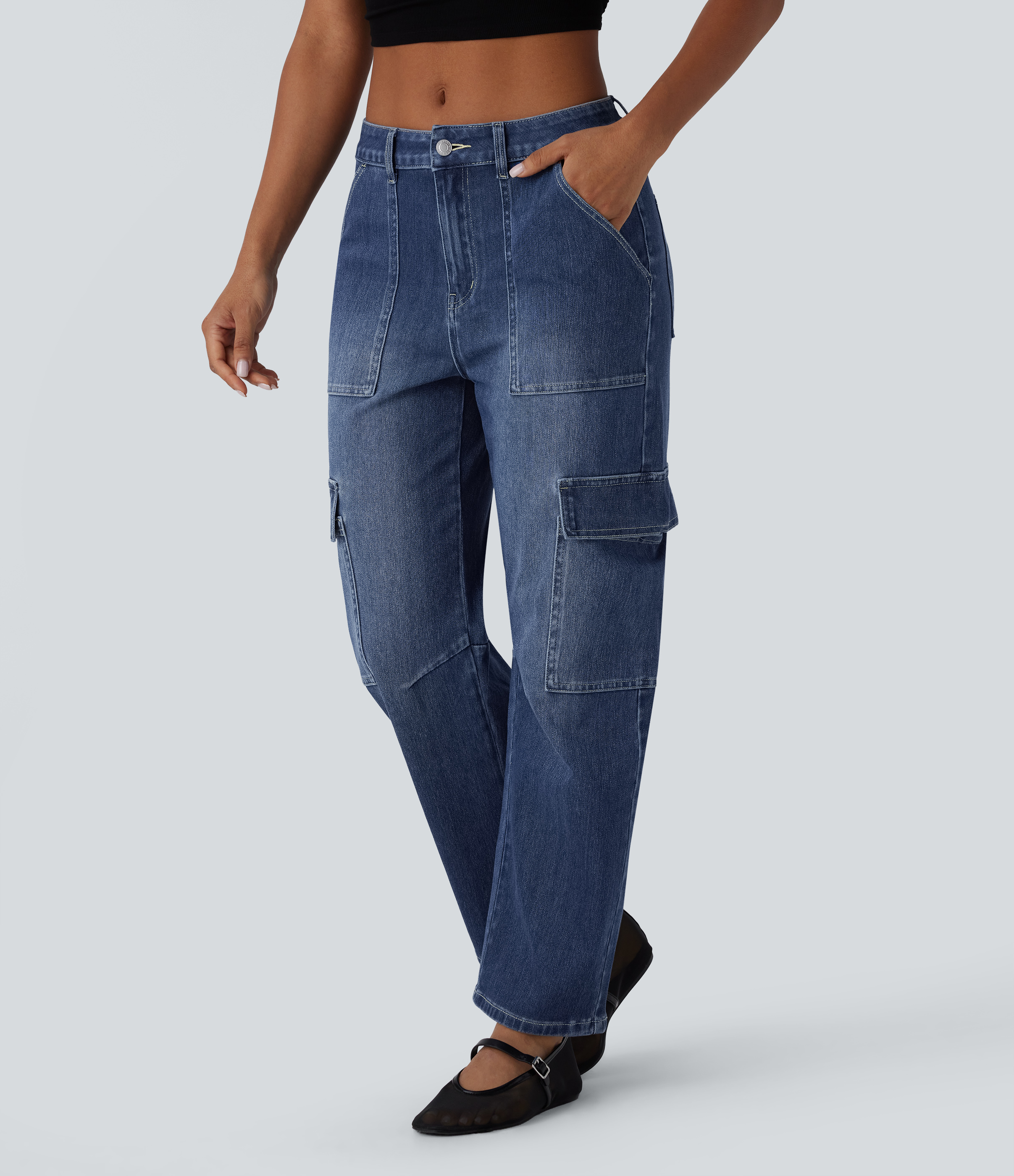 Halara Flex™ Mid Rise Pockets Washed Casual Barrel Cargo Jeans